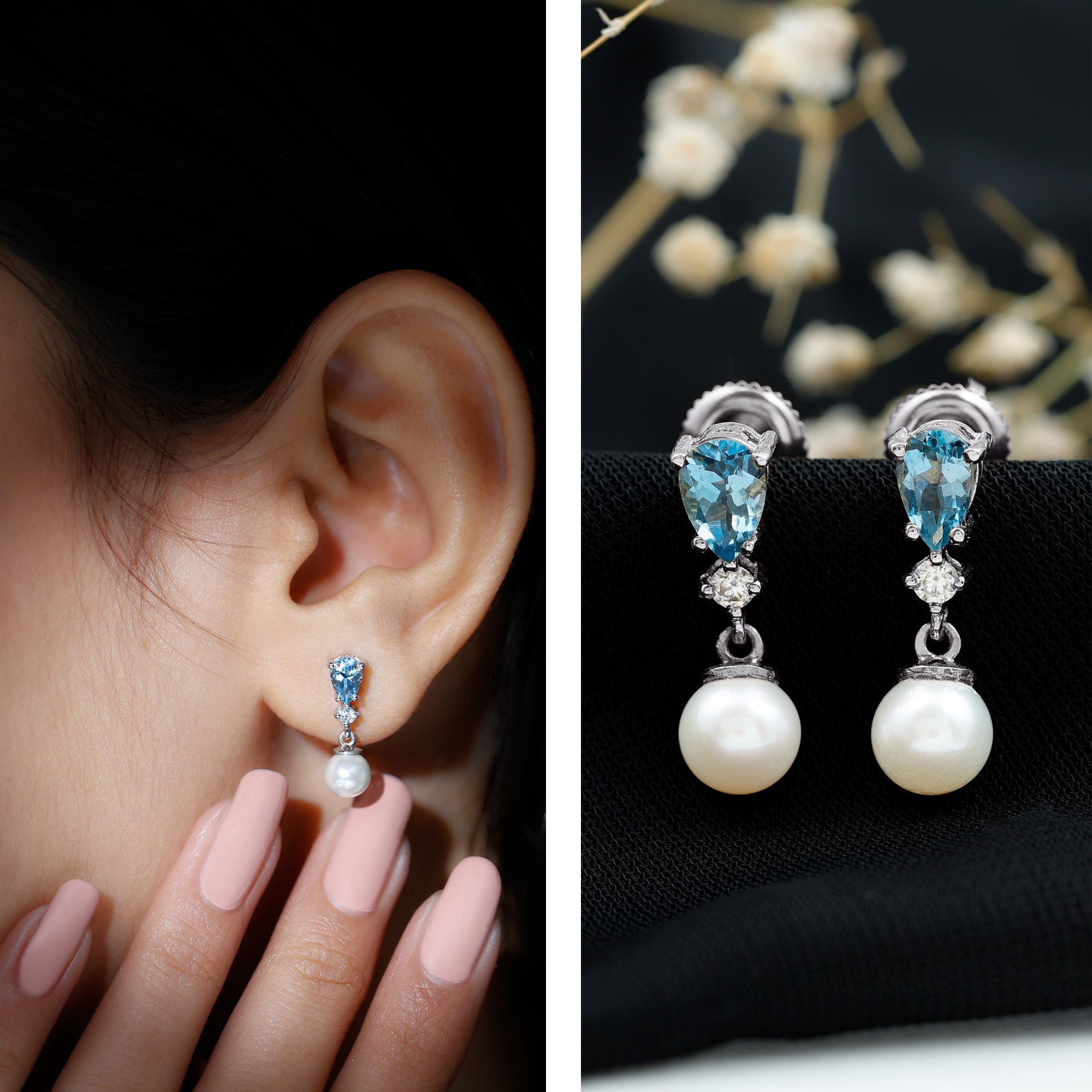 Certified Pearl Wedding Drop Earrings with Aquamarine AAA 92.5 Sterling Silver - Rosec Jewels