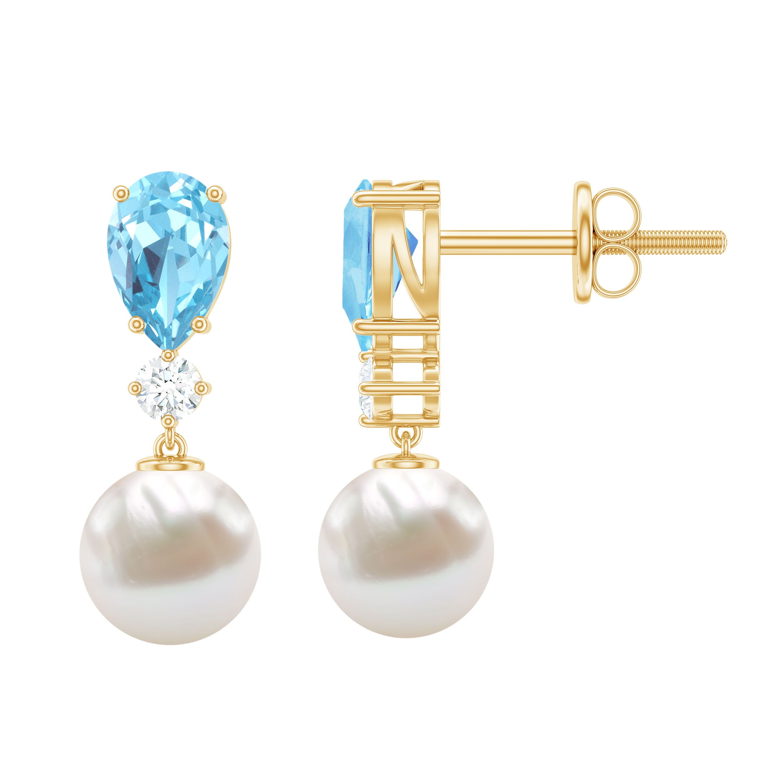 Handpicked Pearl Drop Earrings with Aquamarine and Moissanite AAA - Rosec Jewels