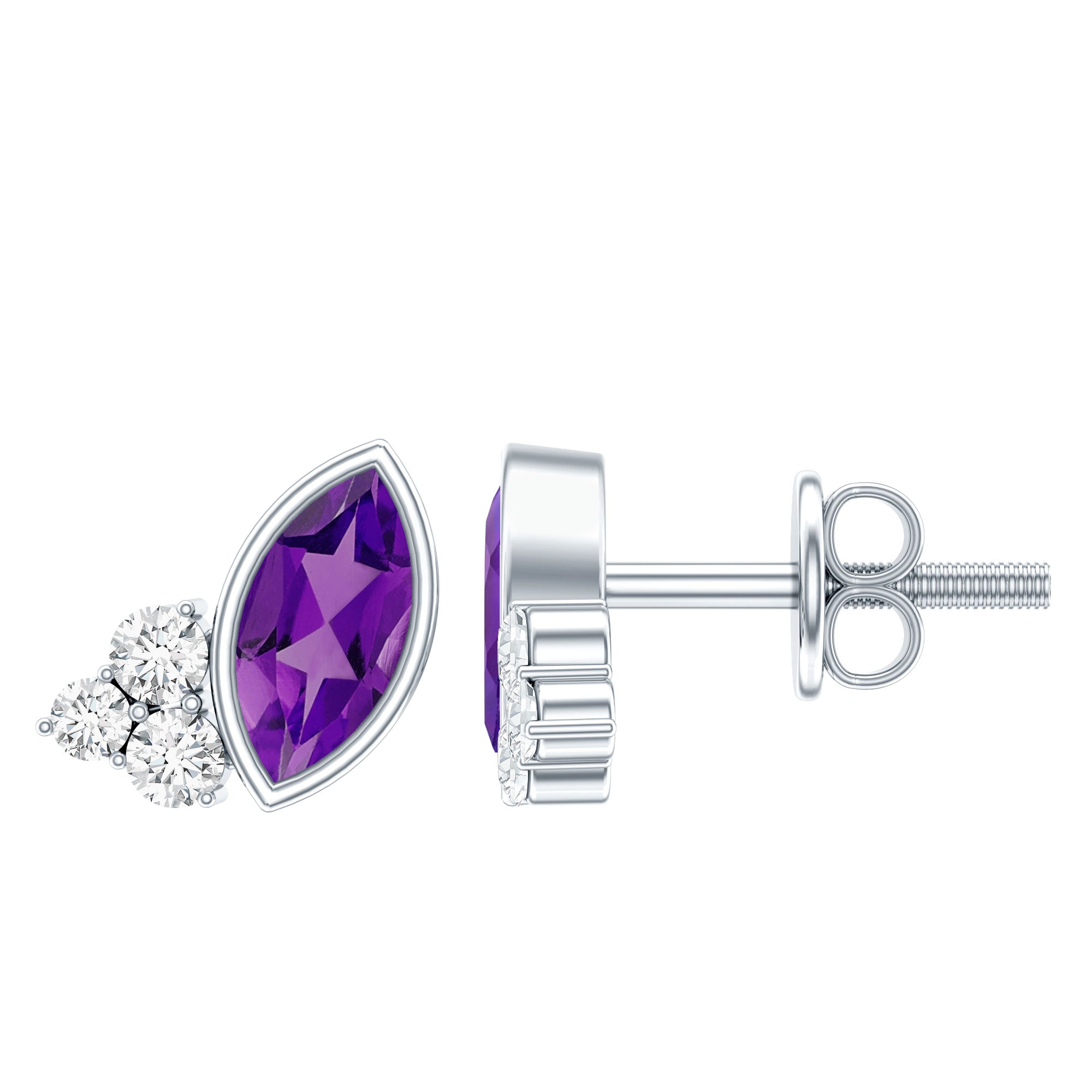 Marquise Cut Amethyst Stud Earrings with Lab Diamond in Sterling Silver AAA 92.5 Sterling Silver - Rosec Jewels
