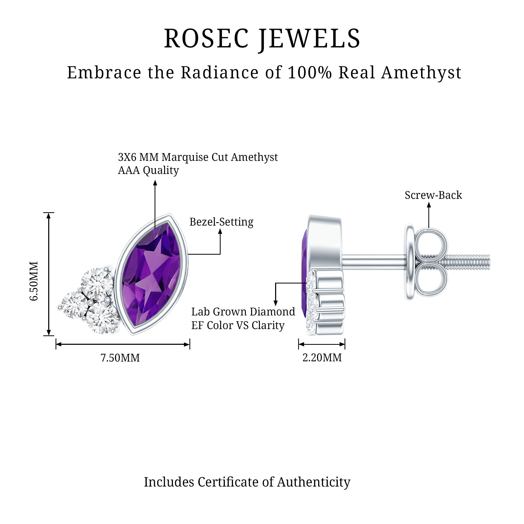 Marquise Cut Amethyst Stud Earrings with Lab Diamond in Sterling Silver AAA 92.5 Sterling Silver - Rosec Jewels