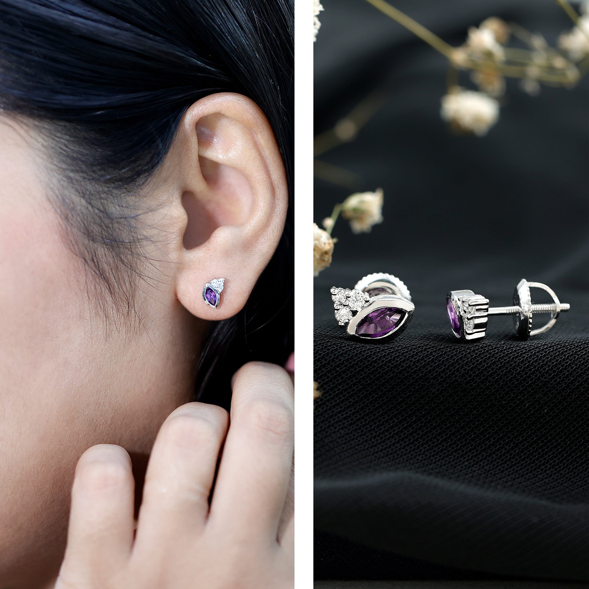 Marquise Cut Amethyst Stud Earrings with Lab Diamond in Sterling Silver AAA 92.5 Sterling Silver - Rosec Jewels
