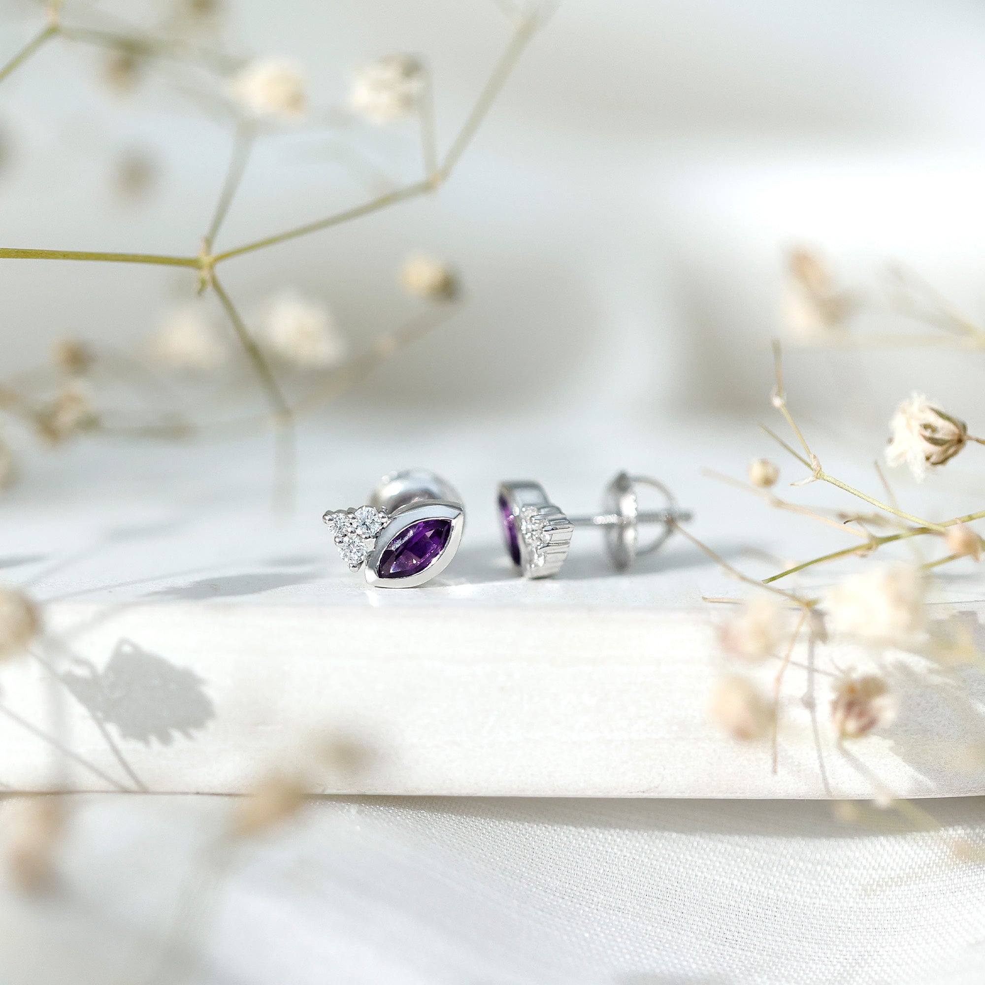 Marquise Cut Amethyst Stud Earrings with Lab Diamond in Sterling Silver AAA 92.5 Sterling Silver - Rosec Jewels