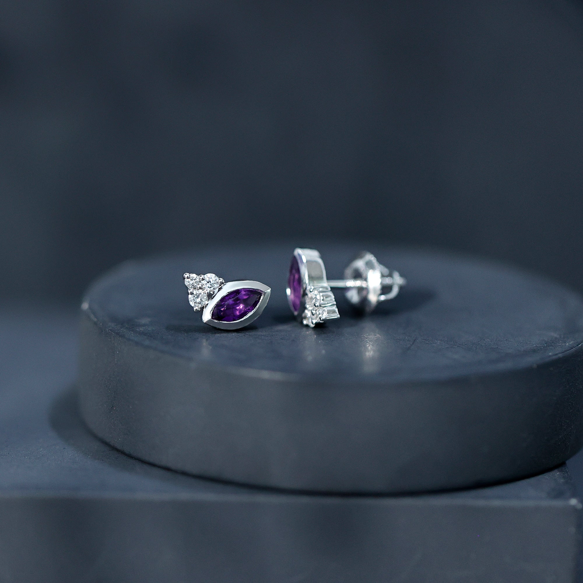 Marquise Cut Amethyst Stud Earrings with Lab Diamond in Sterling Silver AAA 92.5 Sterling Silver - Rosec Jewels
