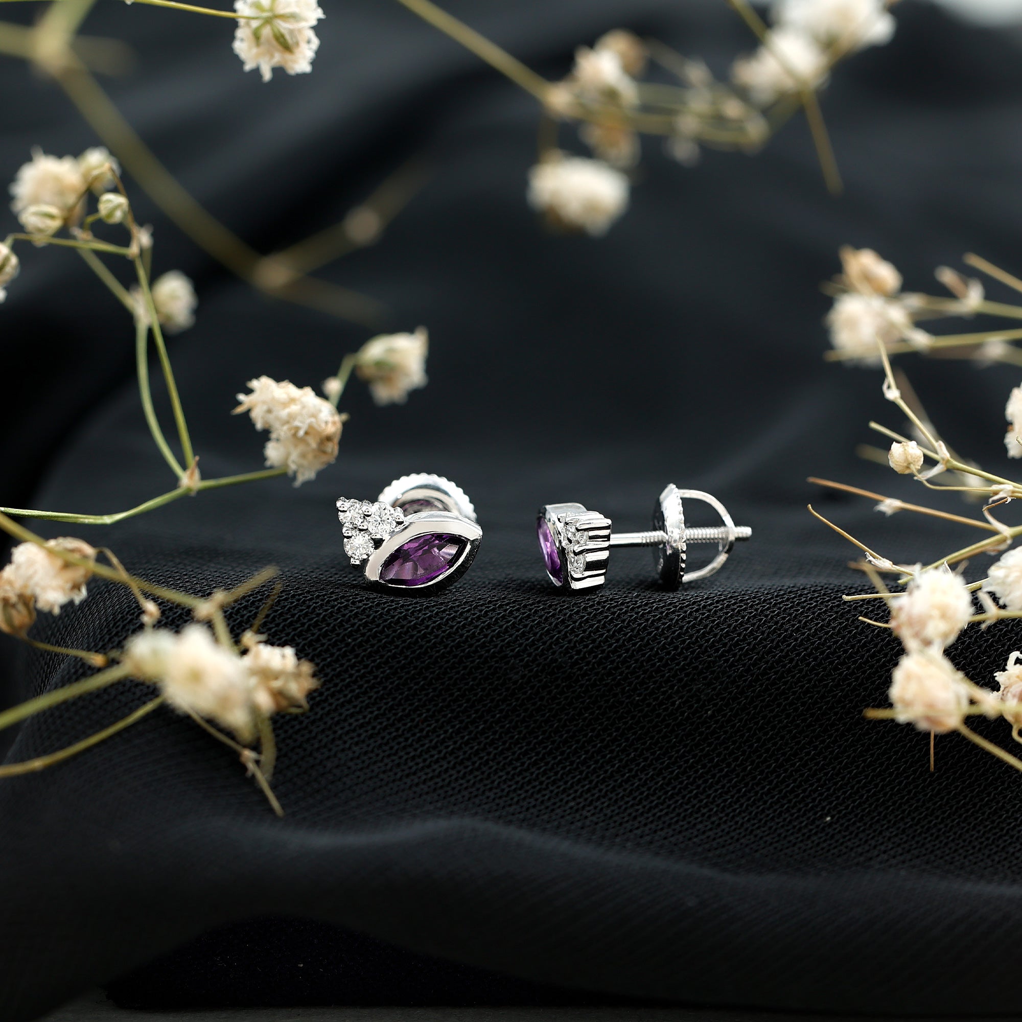Marquise Cut Amethyst Stud Earrings with Lab Diamond in Sterling Silver AAA 92.5 Sterling Silver - Rosec Jewels