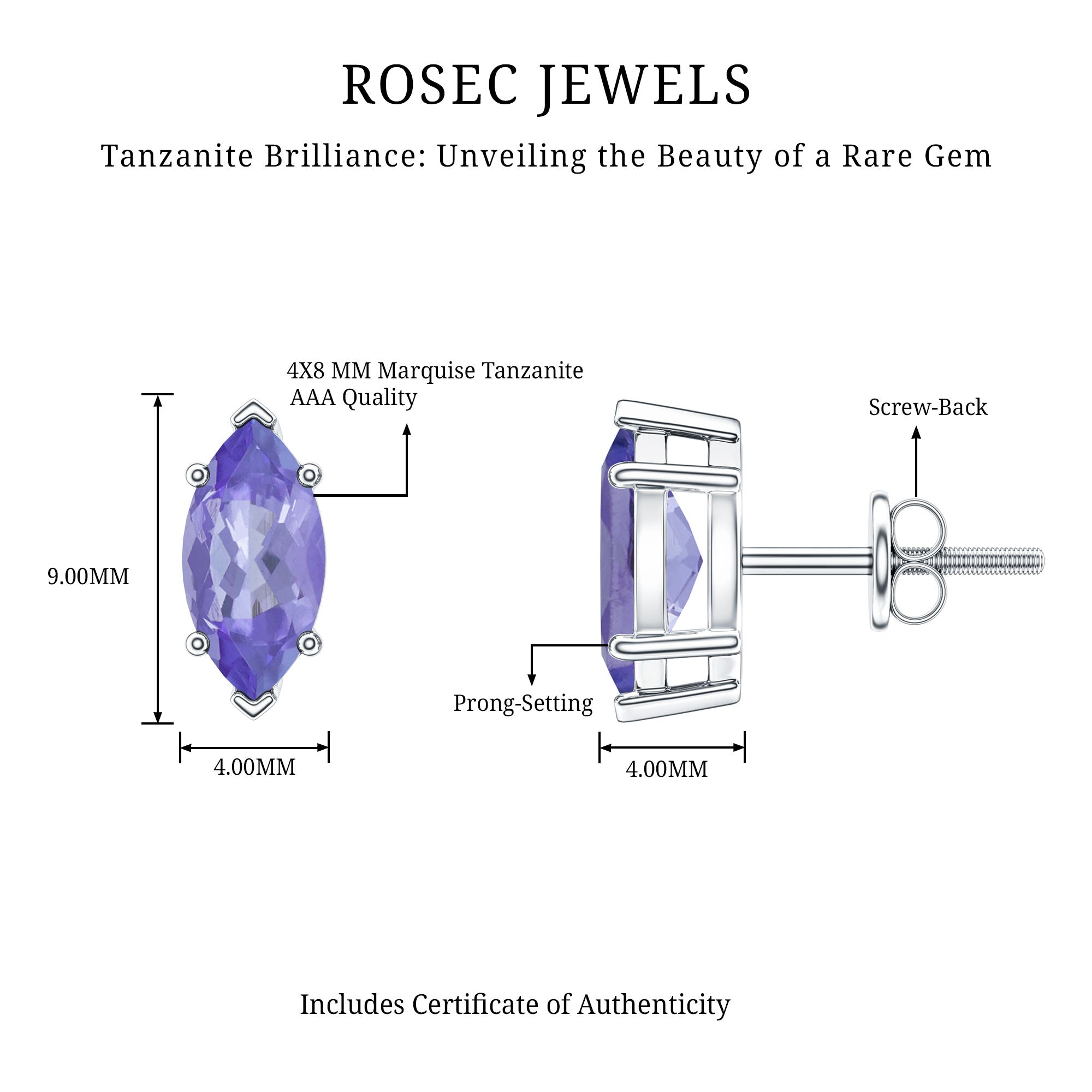1.3 Carat Marquise Cut Tanzanite Solitaire Stud Earrings AAA - Rosec Jewels