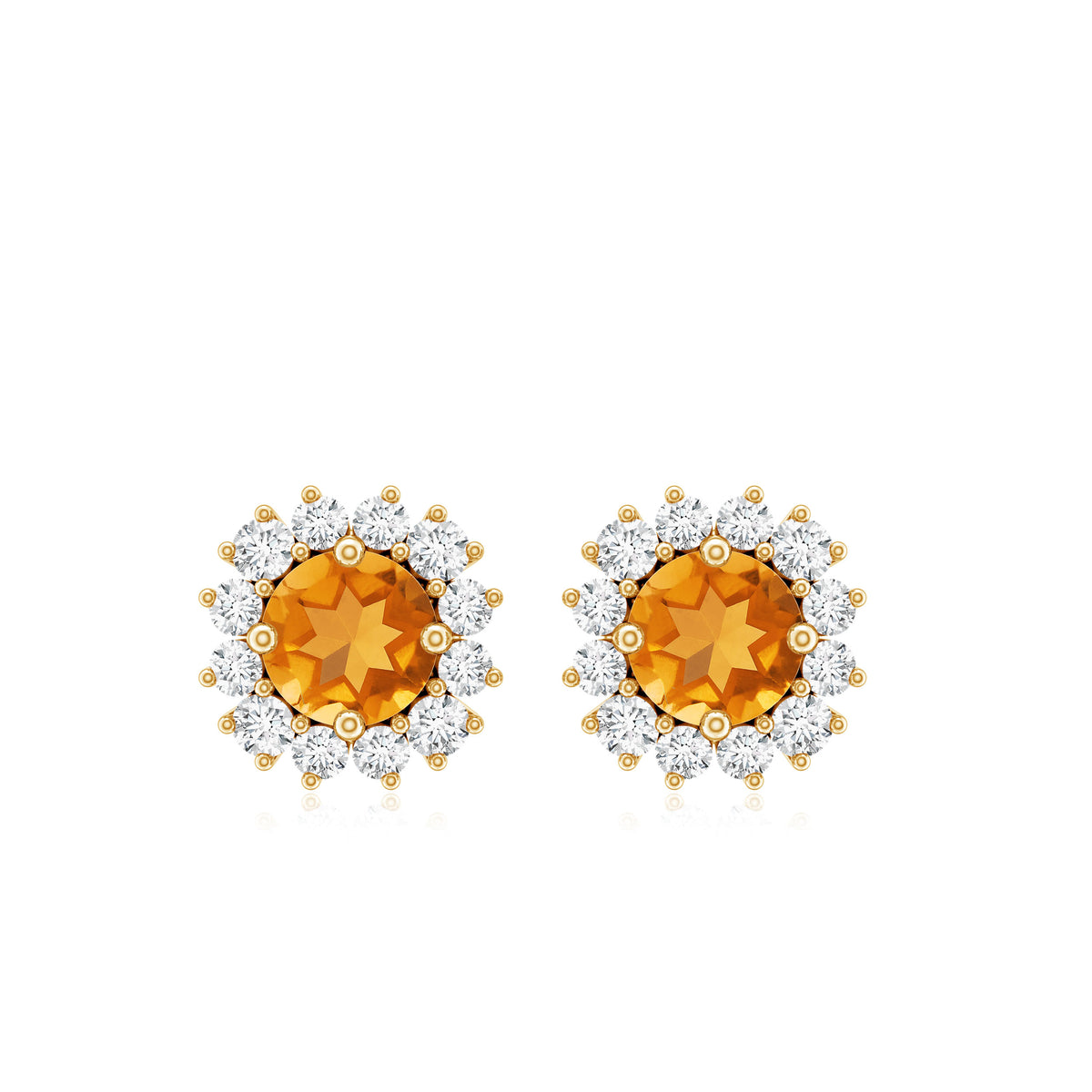 1 Carat Classic Yellow Citrine and Diamond Halo Stud Earrings AAA - Rosec Jewels