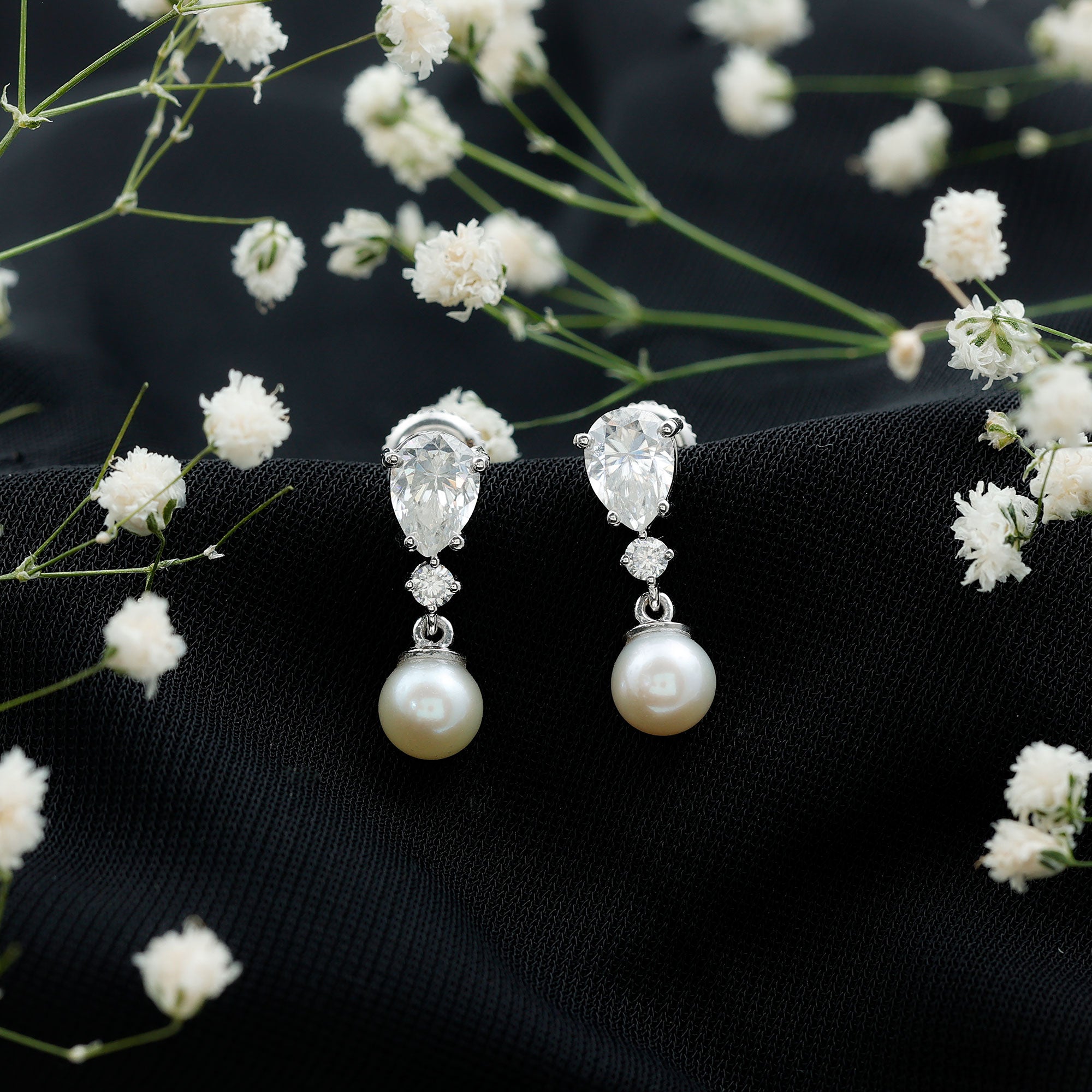 Moissanite and Freshwater Pearl Dangle Drop Earrings AAA - Rosec Jewels