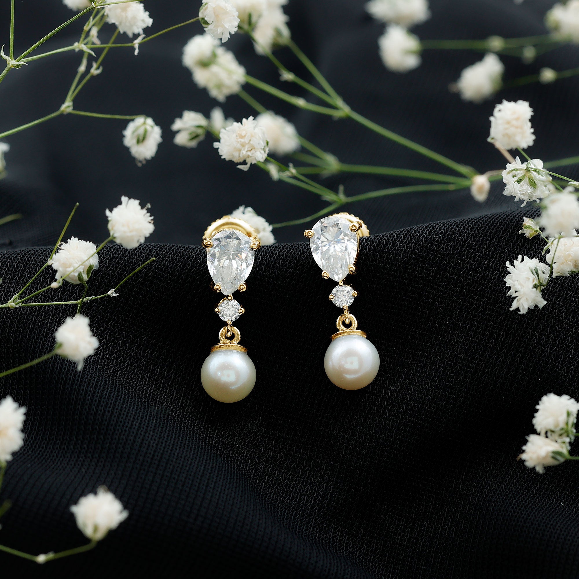 Moissanite and Freshwater Pearl Dangle Drop Earrings AAA - Rosec Jewels