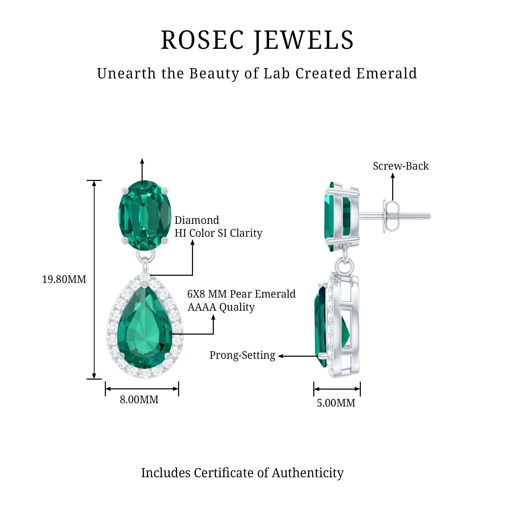 Lab Created Emerald and Diamond Bridal Drop Earrings with Certificate AAAA - Rosec Jewels