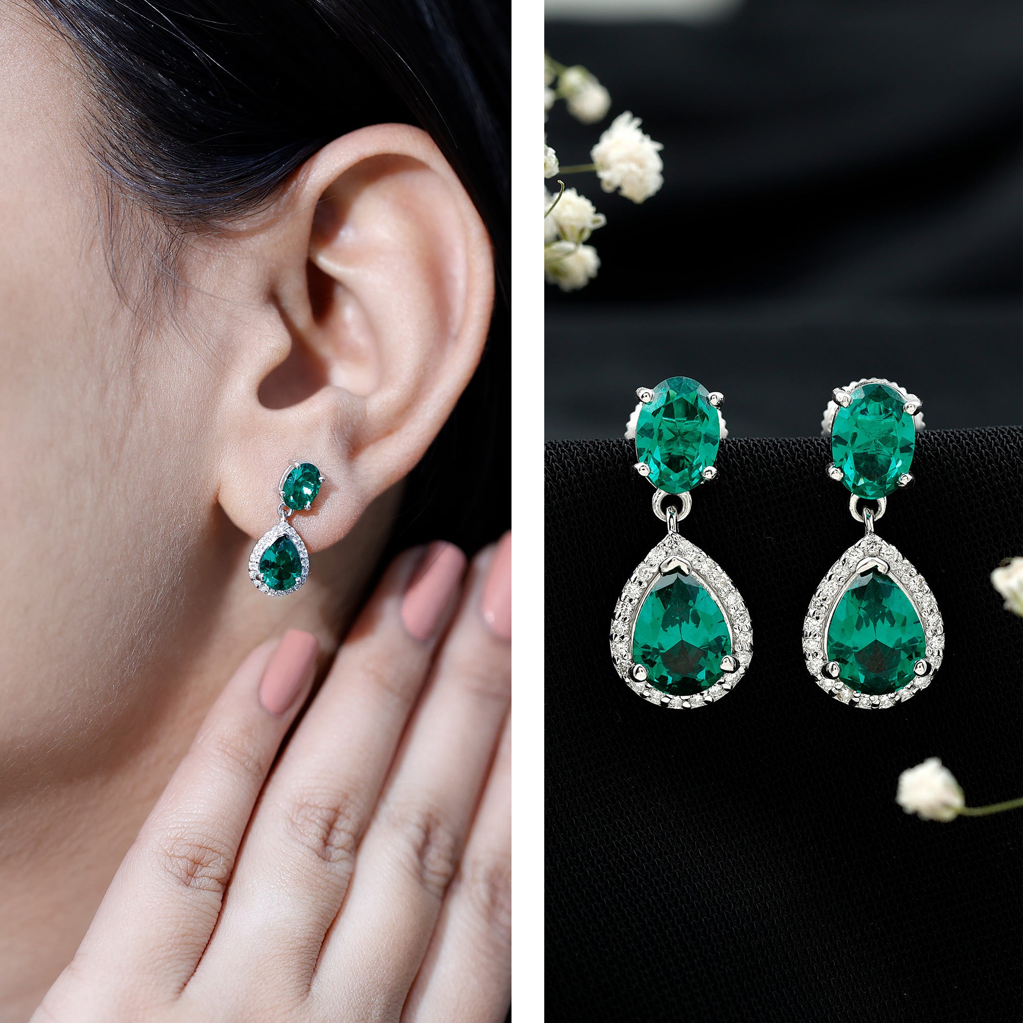 Lab Created Emerald and Diamond Bridal Drop Earrings with Certificate AAAA - Rosec Jewels