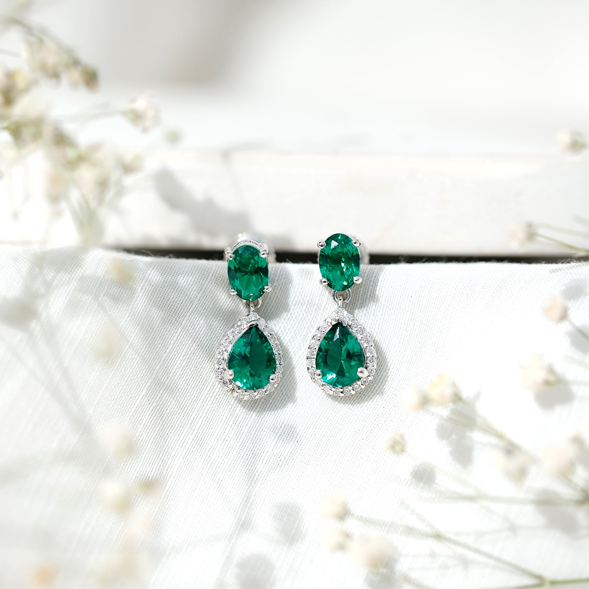 Lab Created Emerald and Diamond Bridal Drop Earrings with Certificate AAAA - Rosec Jewels