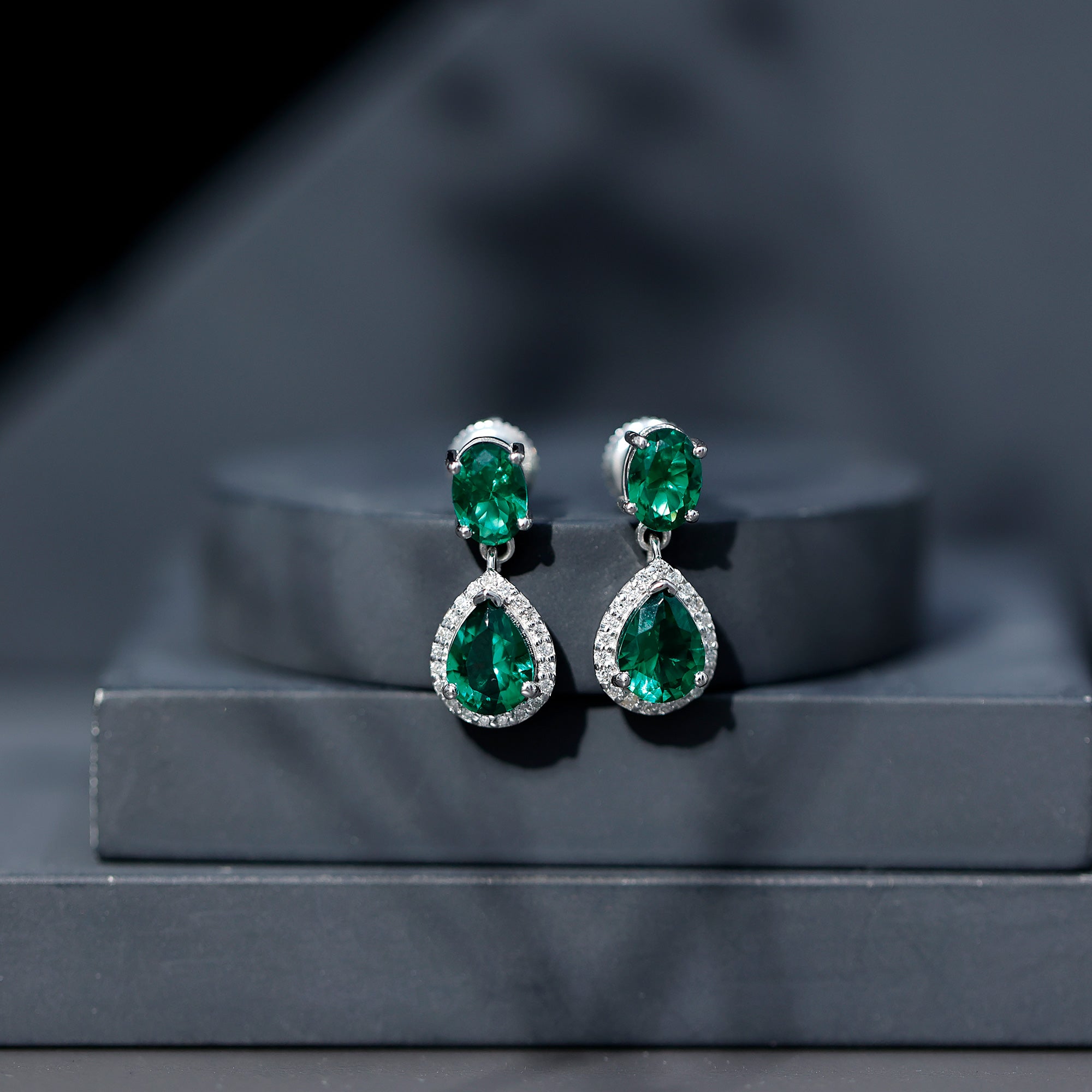 Lab Created Emerald and Diamond Bridal Drop Earrings with Certificate AAAA - Rosec Jewels