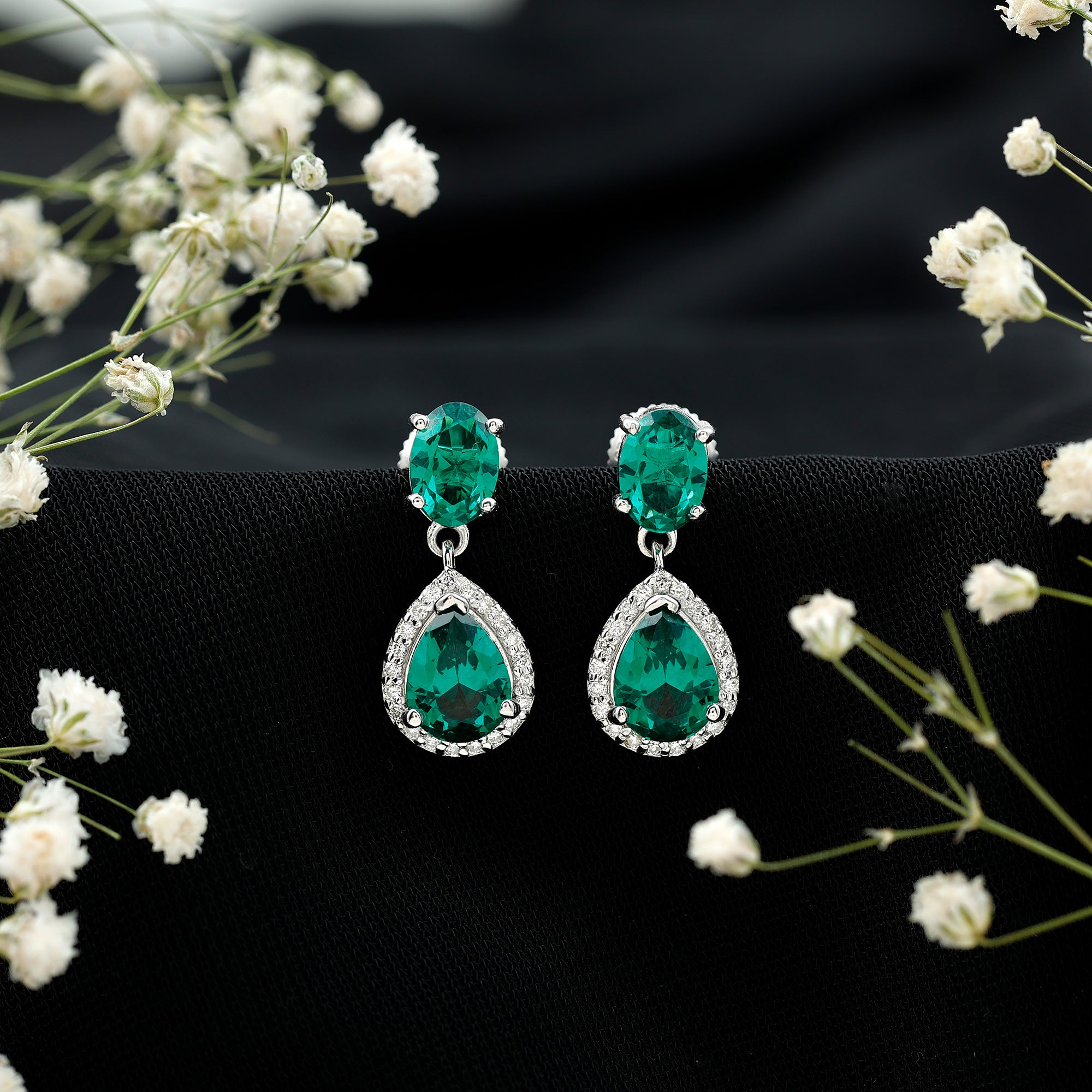 Lab Created Emerald and Diamond Bridal Drop Earrings with Certificate AAAA - Rosec Jewels