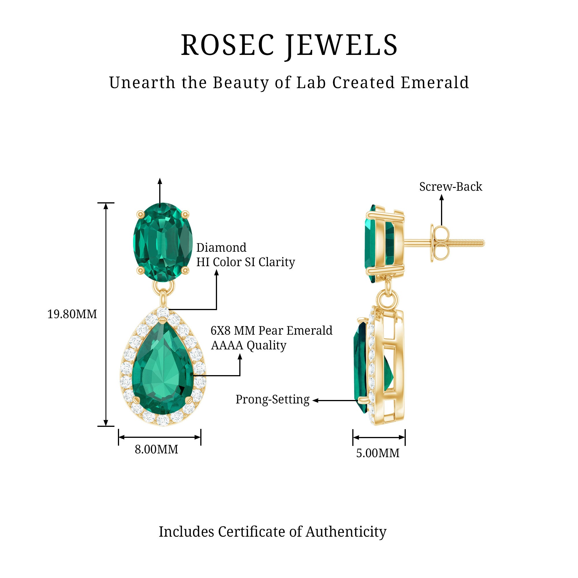 Lab Created Emerald and Diamond Bridal Drop Earrings with Certificate AAAA - Rosec Jewels