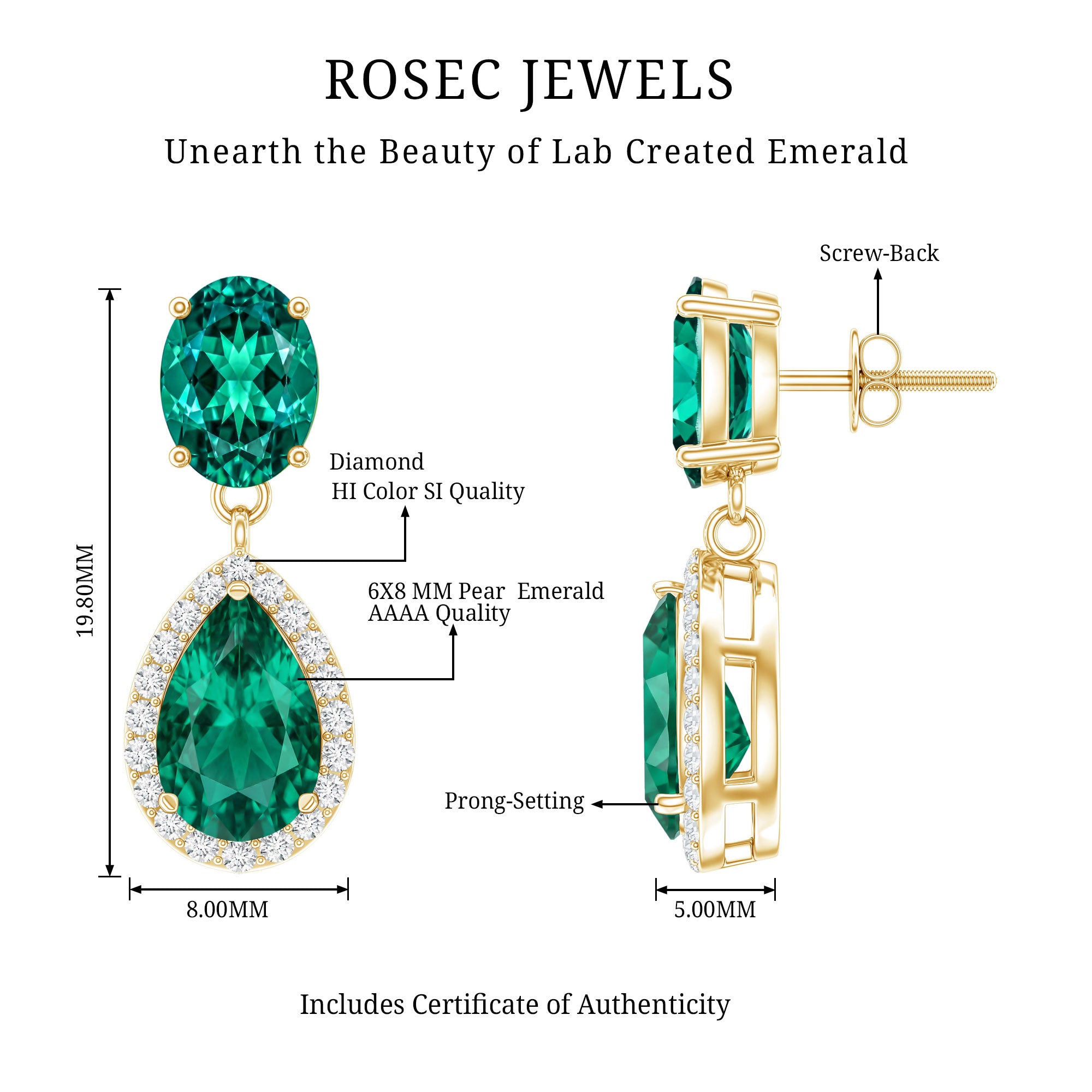 Lab Created Emerald and Diamond Bridal Drop Earrings with Certificate AAAA - Rosec Jewels