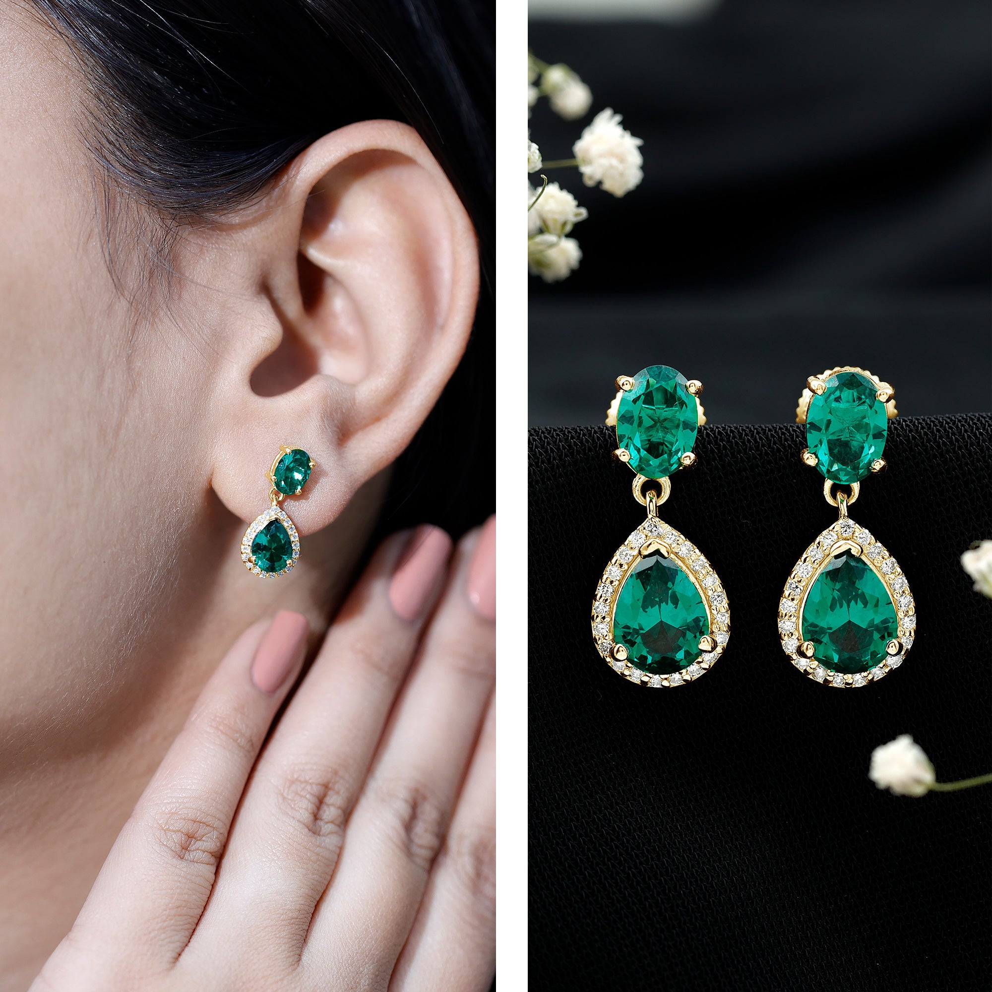Lab Created Emerald and Diamond Bridal Drop Earrings with Certificate AAAA - Rosec Jewels