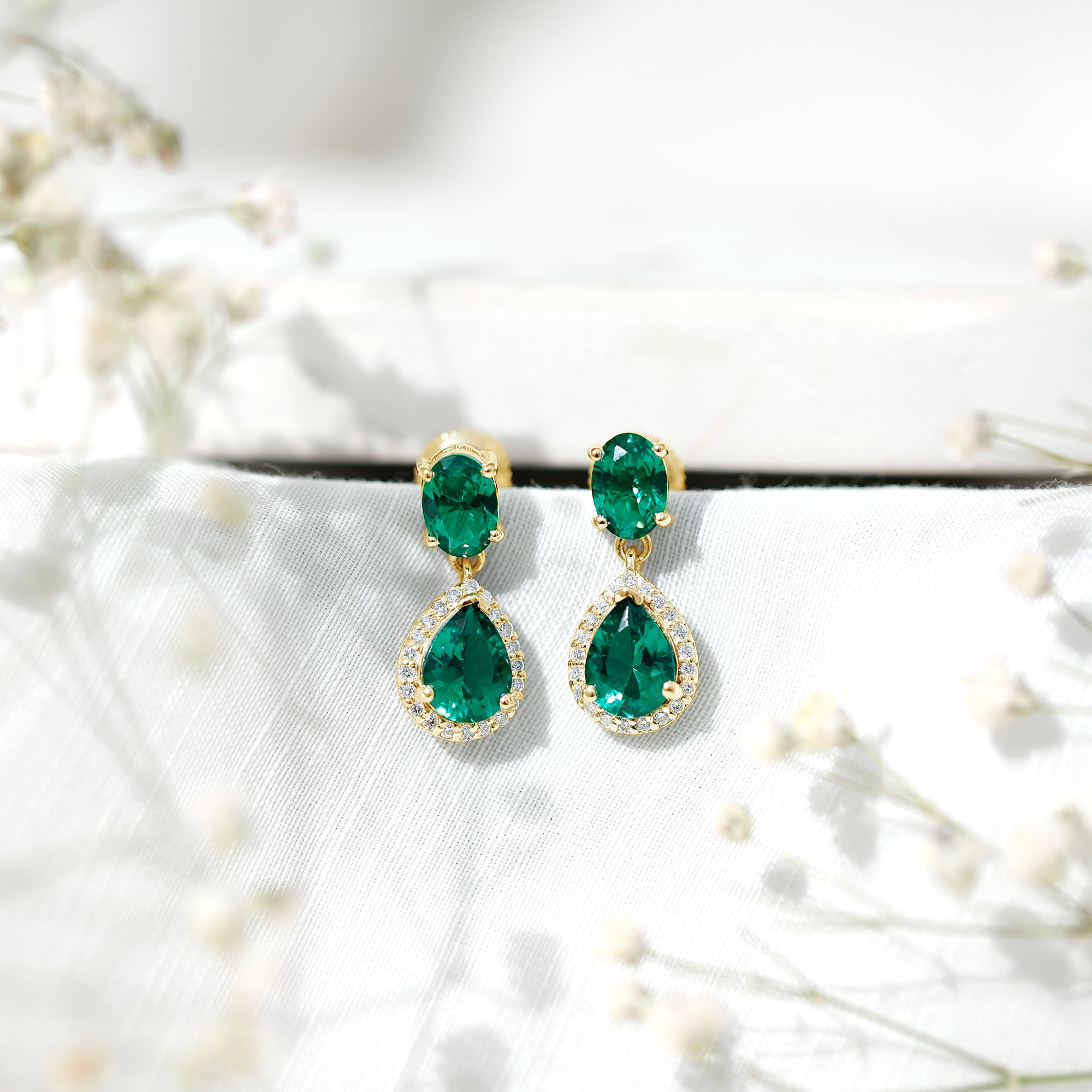 Lab Created Emerald and Diamond Bridal Drop Earrings with Certificate AAAA - Rosec Jewels