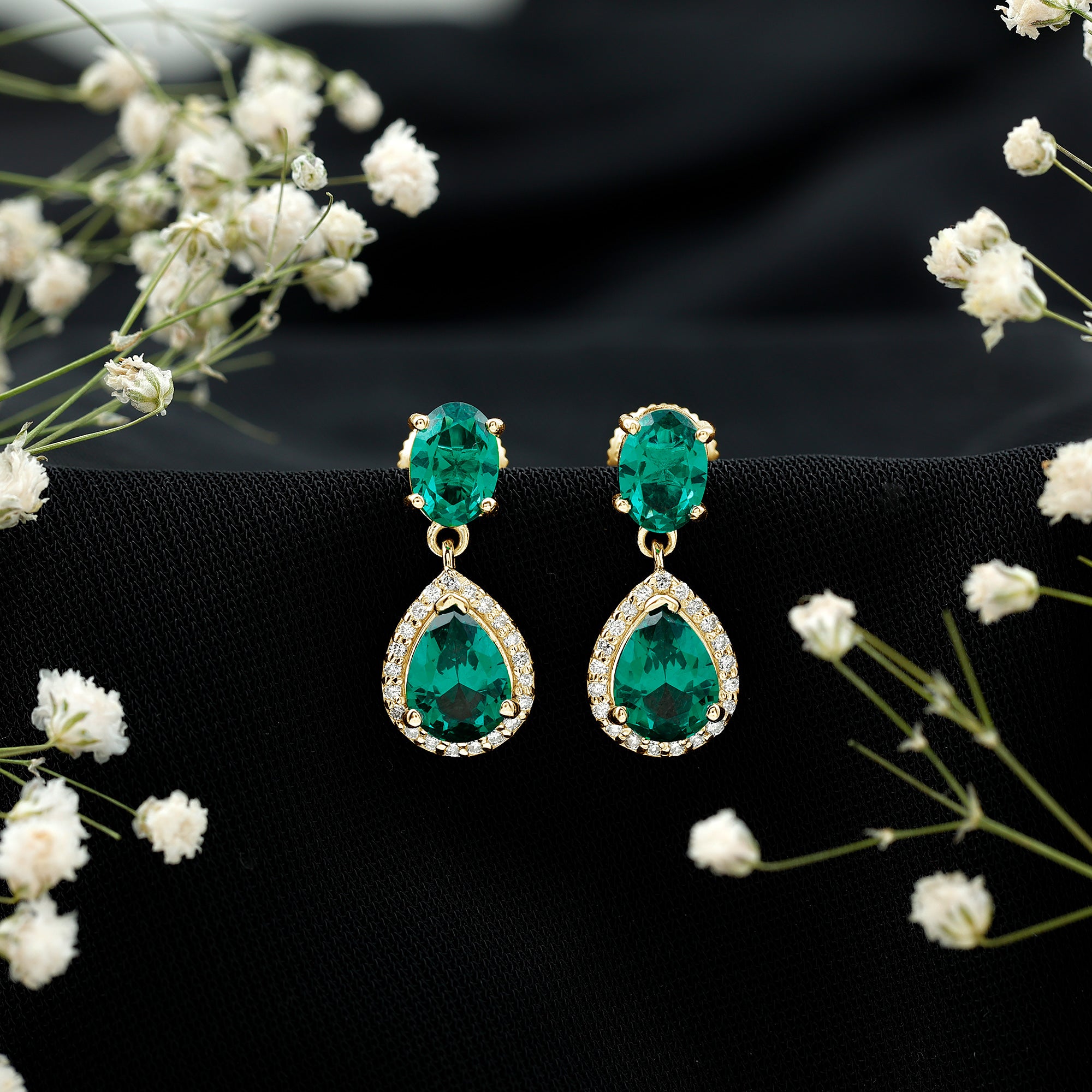 Lab Created Emerald and Diamond Bridal Drop Earrings with Certificate AAAA - Rosec Jewels