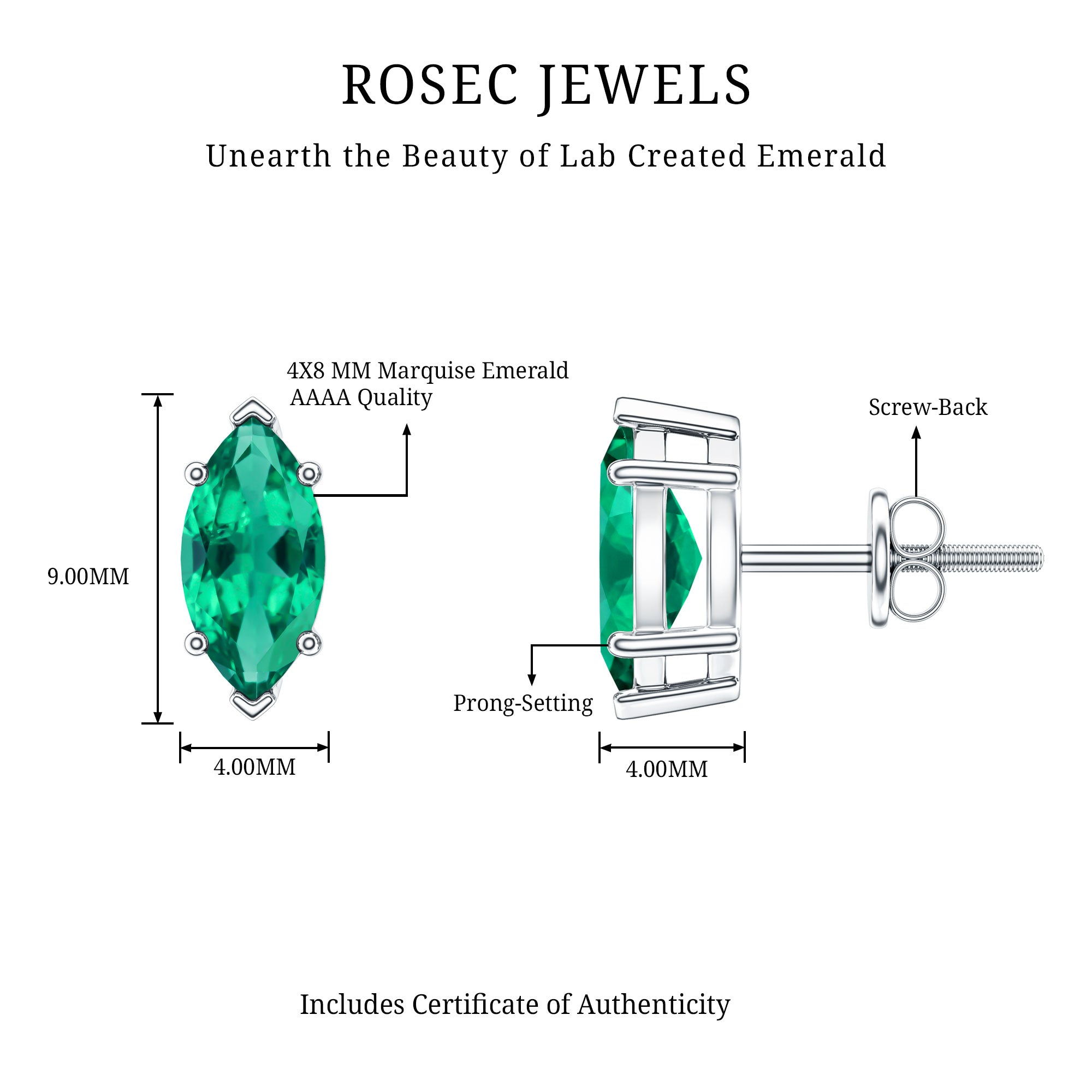 Marquise Cut 1.2 Carat Lab Created Emerald Solitaire Stud Earrings AAAA - Rosec Jewels