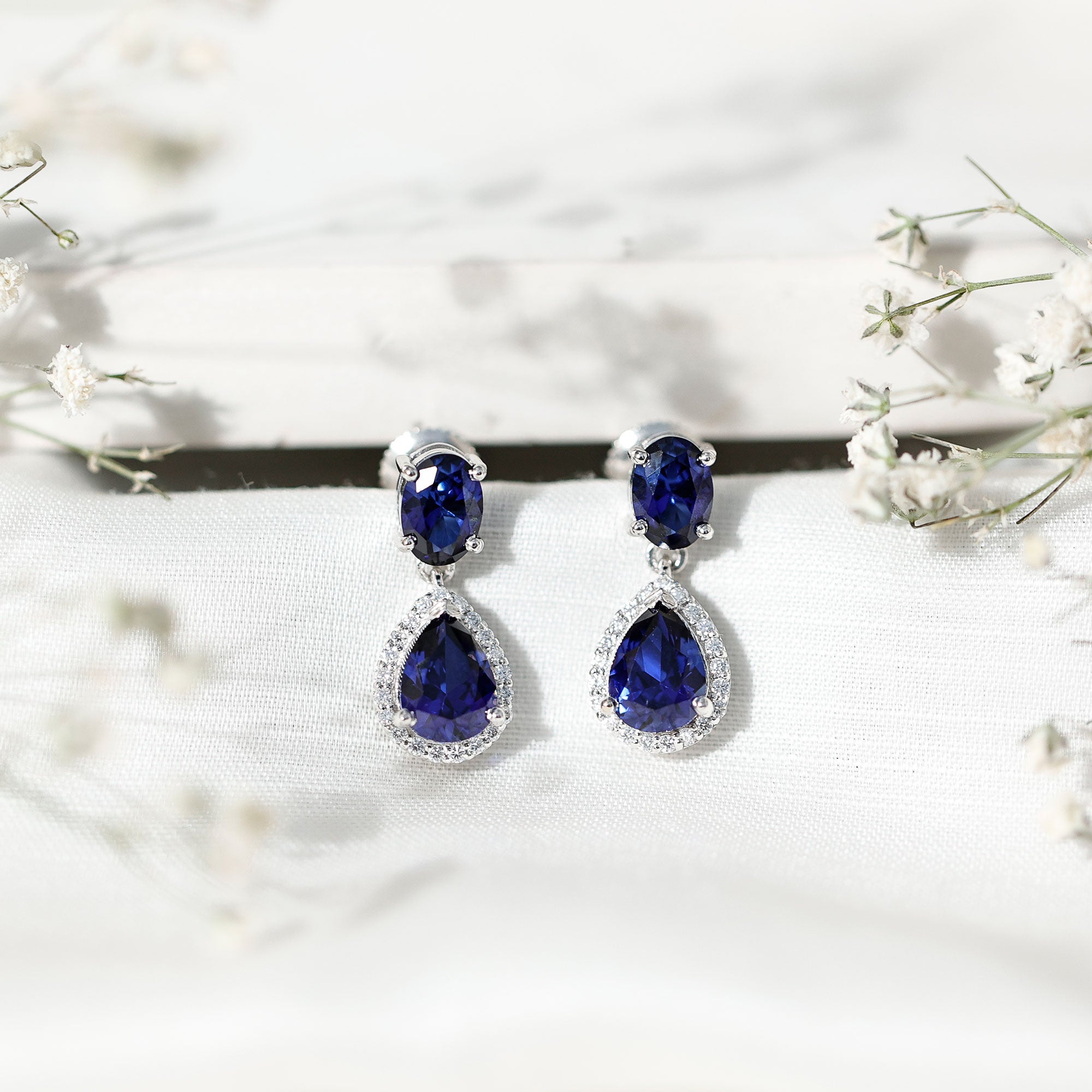 Lab Grown Blue Sapphire Bridal Dangle Earrings with Moissanite AAAA - Rosec Jewels