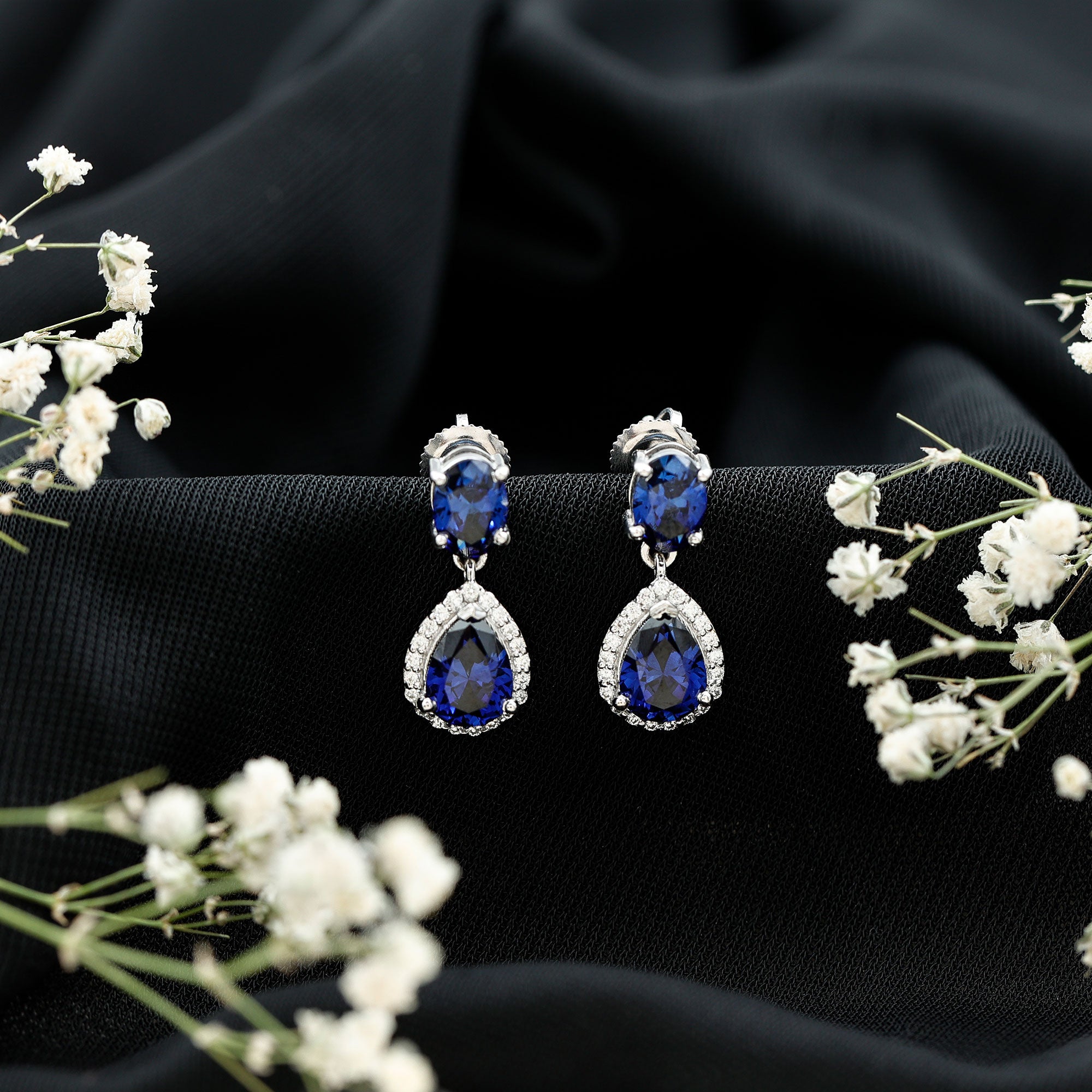 5 Carat Lab Grown Blue Sapphire Teardrop Earrings with Certificate AAAA 92.5 Sterling Silver - Rosec Jewels