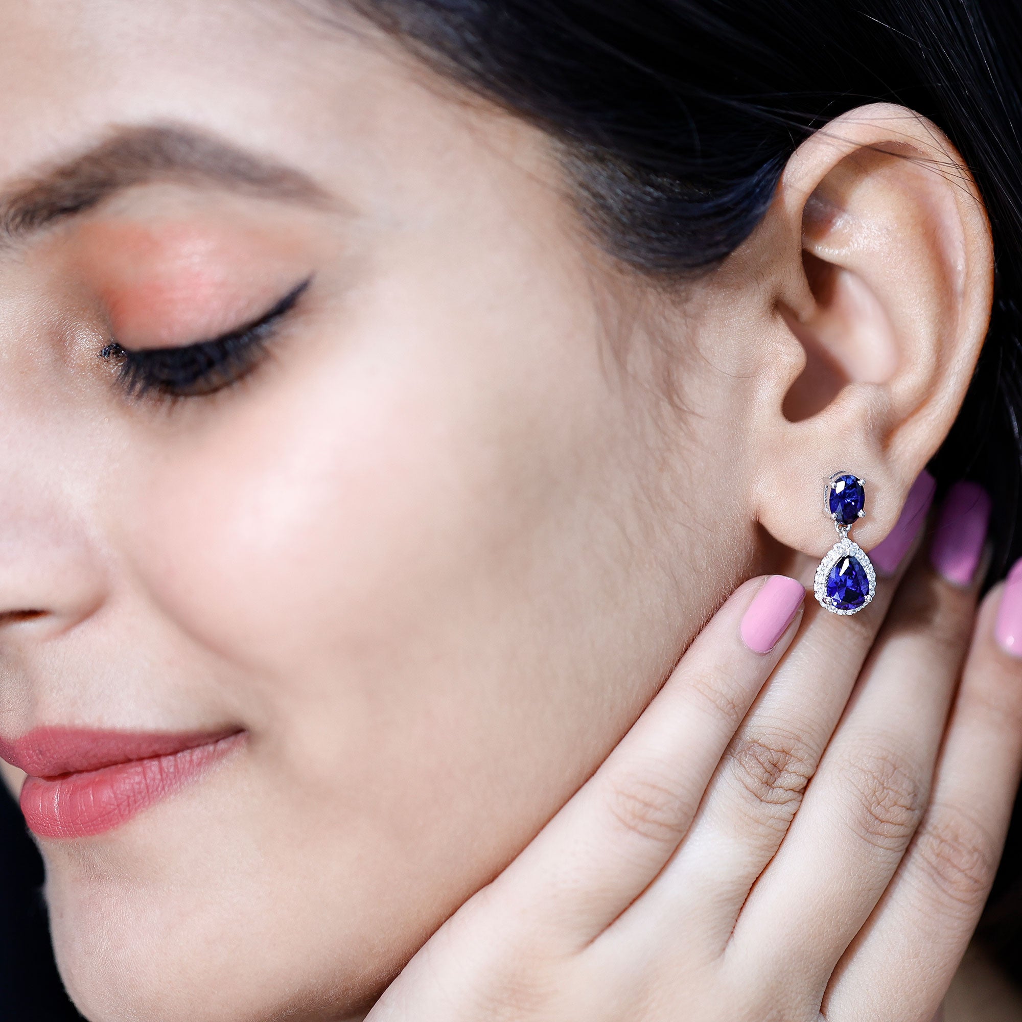 5 Carat Lab Grown Blue Sapphire Teardrop Earrings with Certificate AAAA 92.5 Sterling Silver - Rosec Jewels