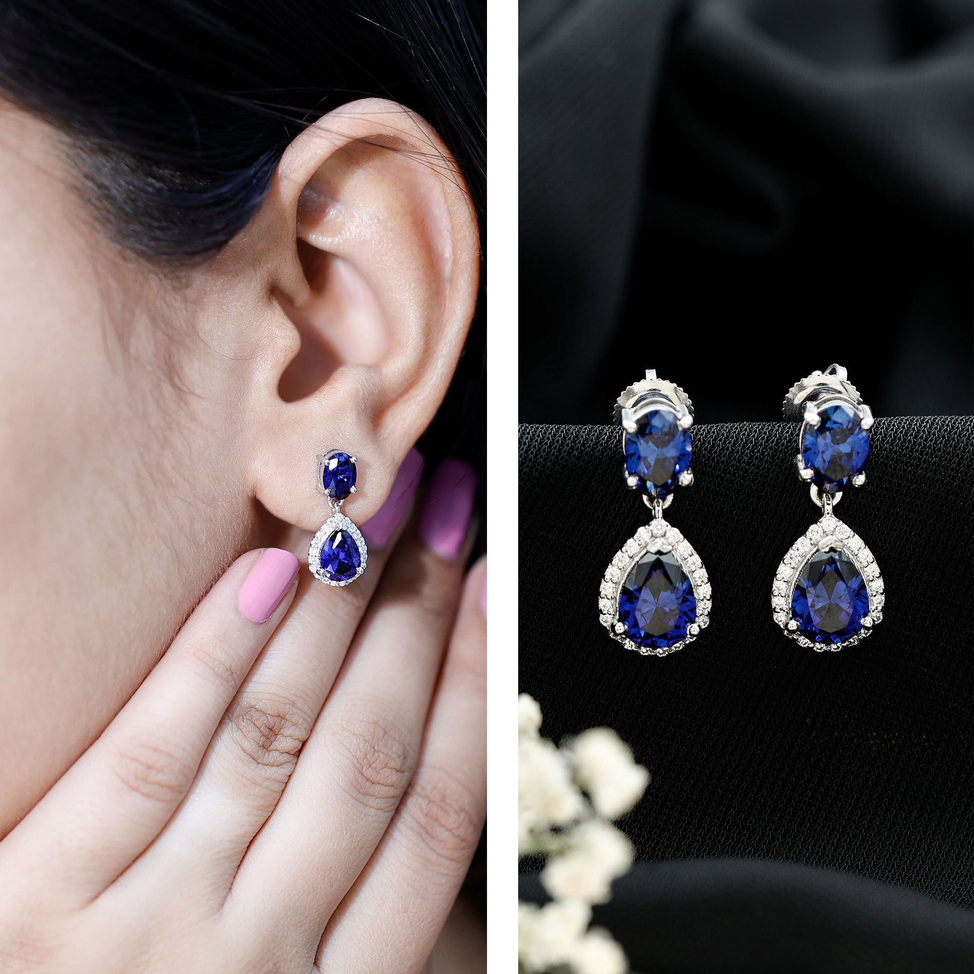 Lab Grown Blue Sapphire Bridal Dangle Earrings with Moissanite AAAA - Rosec Jewels
