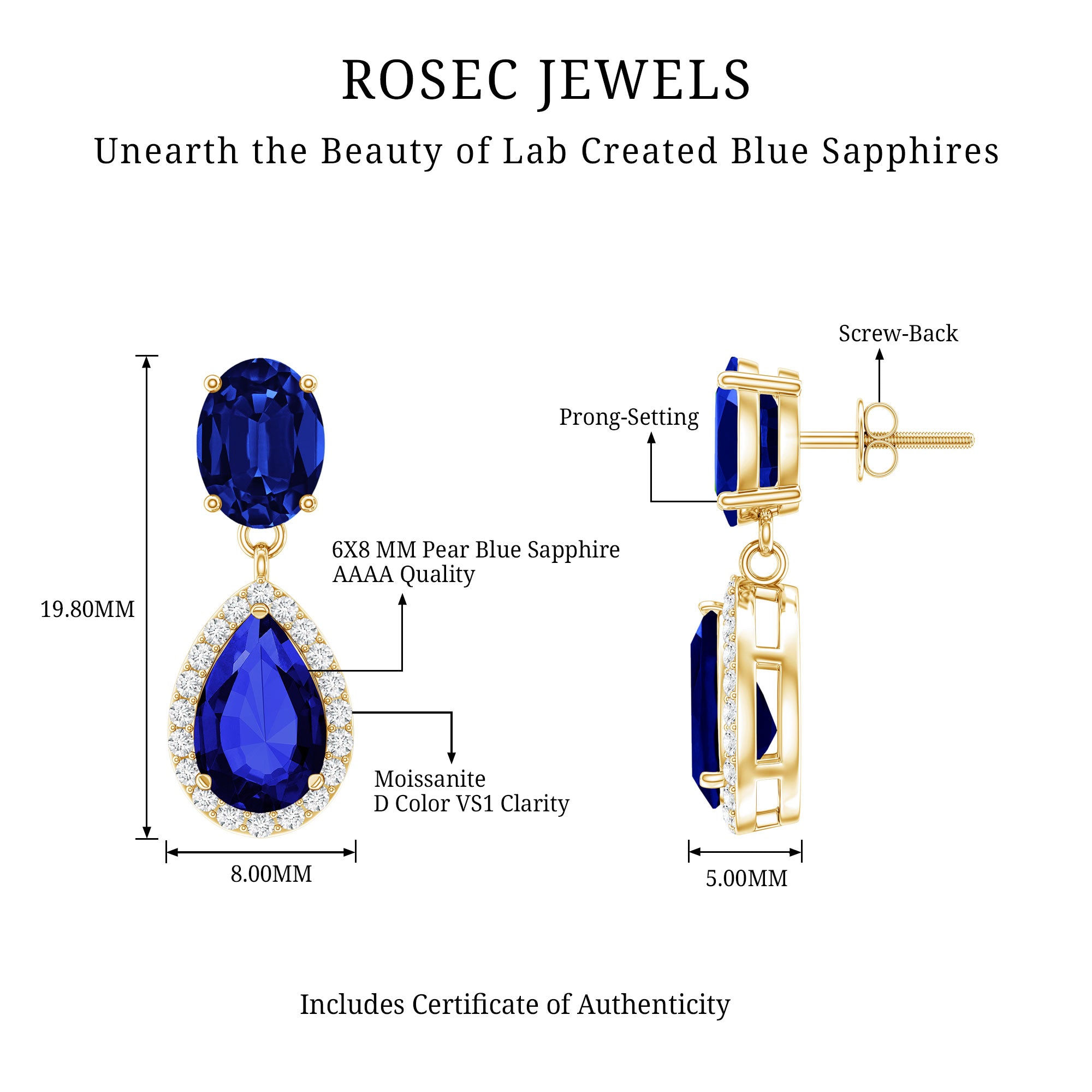 Lab Grown Blue Sapphire Bridal Dangle Earrings with Moissanite AAAA - Rosec Jewels