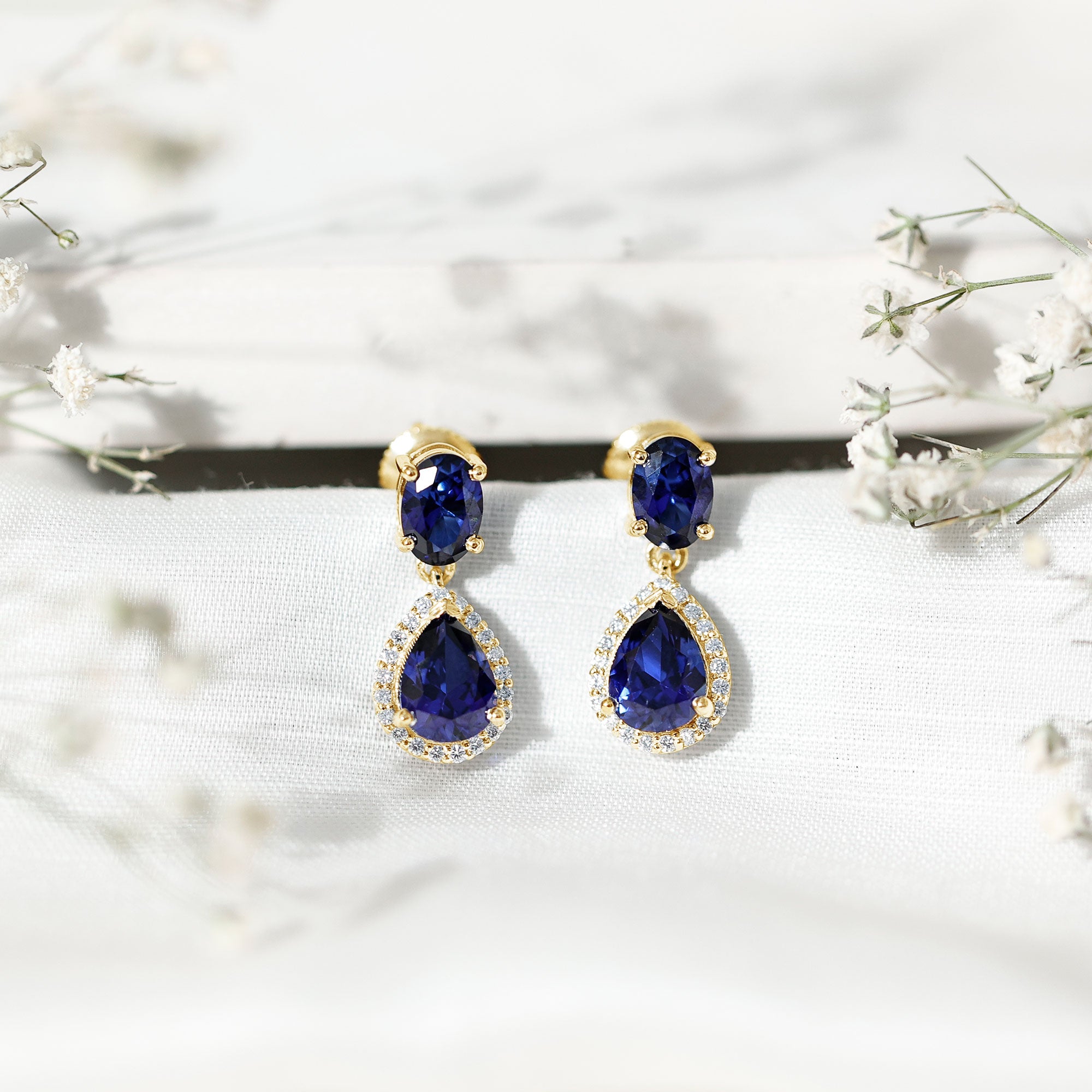 Lab Grown Blue Sapphire Bridal Dangle Earrings with Moissanite AAAA - Rosec Jewels