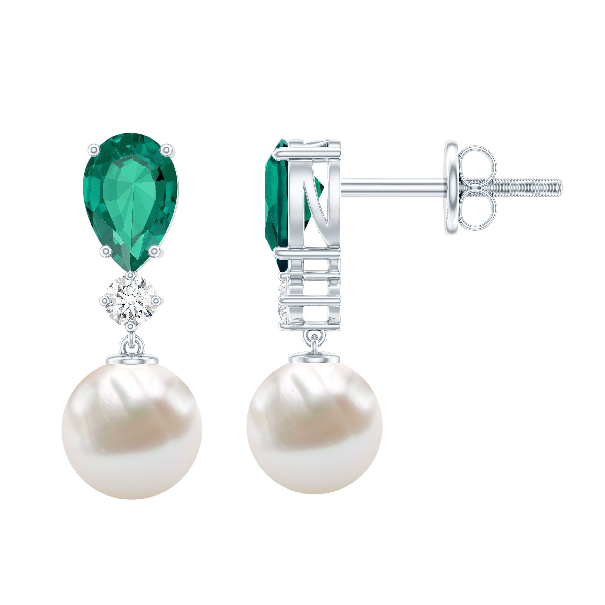 Freshwater Pearl Drop Dangle Earrings With Created Emerald