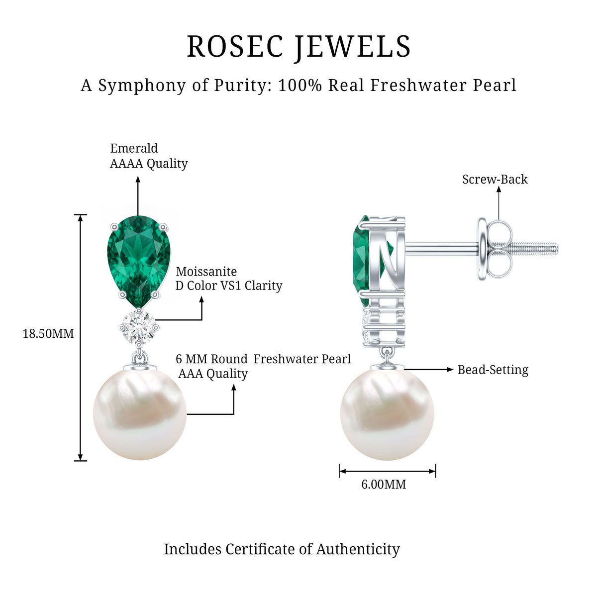 Freshwater Pearl Drop Dangle Earrings With Created Emerald AAA - Rosec Jewels