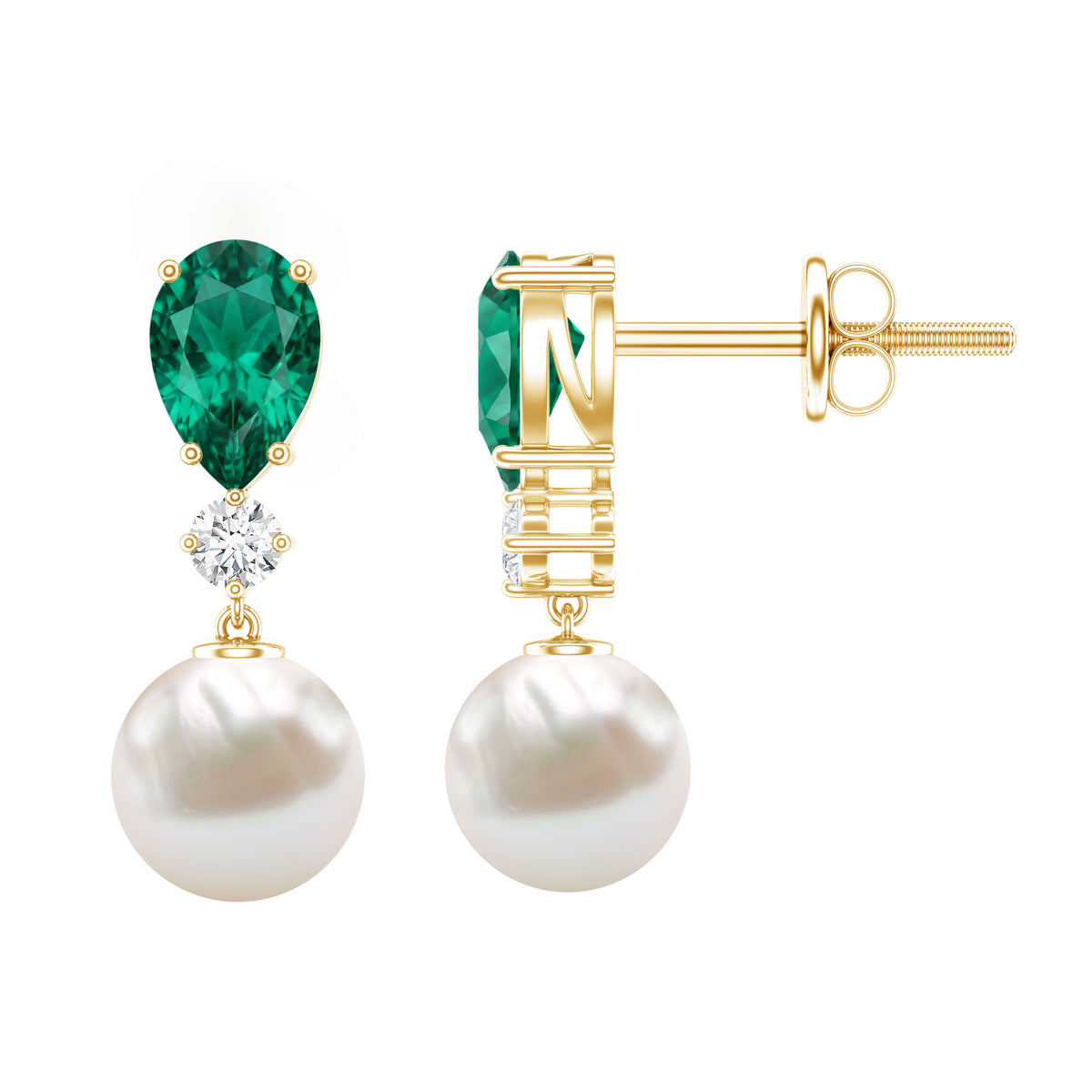 Freshwater Pearl Drop Dangle Earrings With Created Emerald AAA - Rosec Jewels