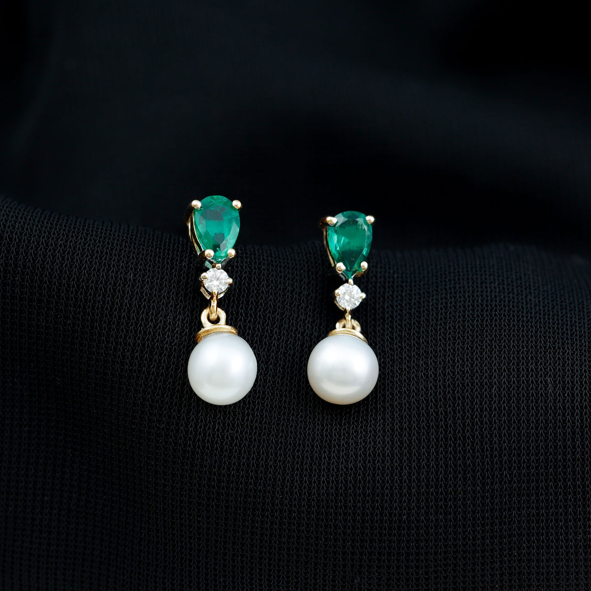 Freshwater Pearl Drop Dangle Earrings With Created Emerald AAA - Rosec Jewels