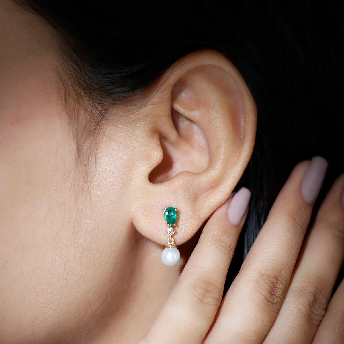 Freshwater Pearl Drop Dangle Earrings With Created Emerald AAA - Rosec Jewels