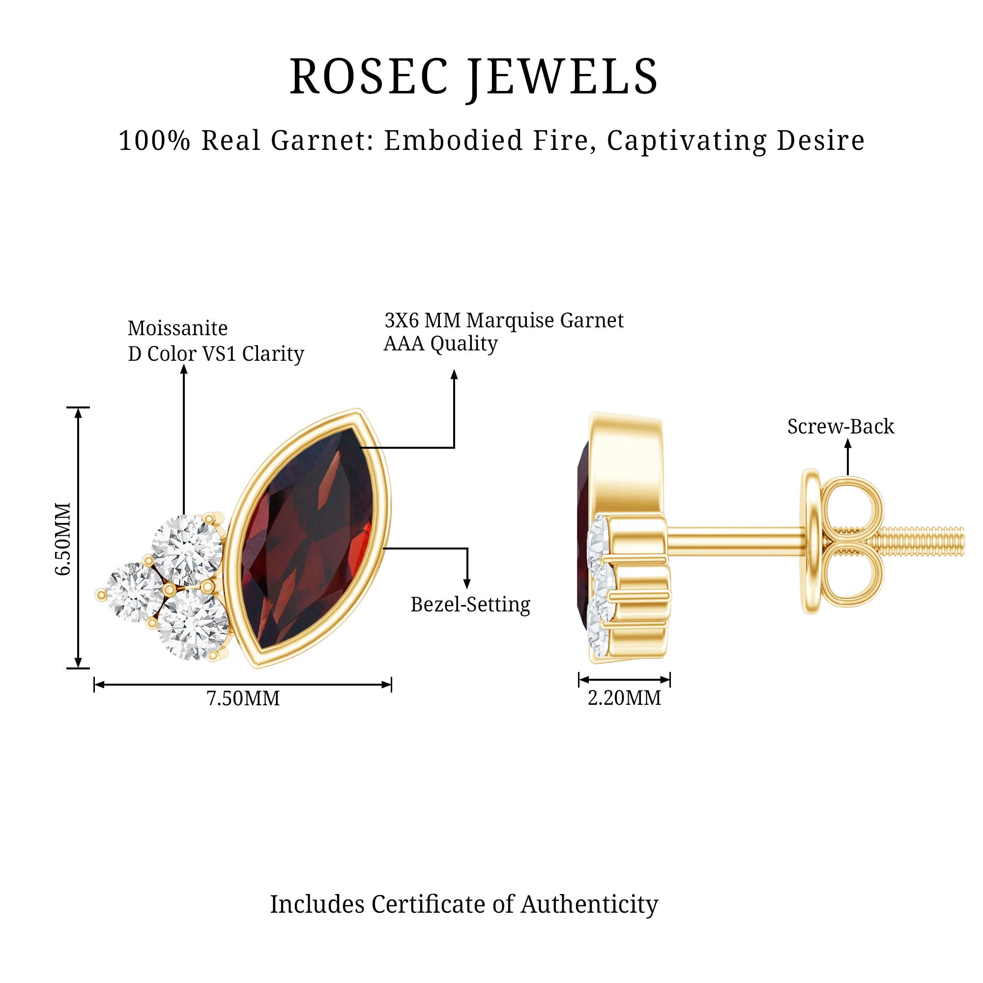 Natural Marquise Cut Garnet Stud Earrings with Certificate AAA 14K Yellow Gold Plated Silver - Rosec Jewels