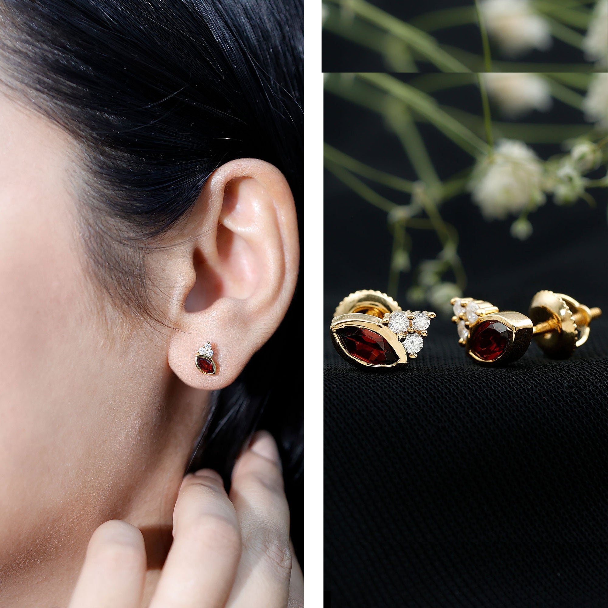 Natural Marquise Cut Garnet Stud Earrings with Certificate AAA 14K Yellow Gold Plated Silver - Rosec Jewels