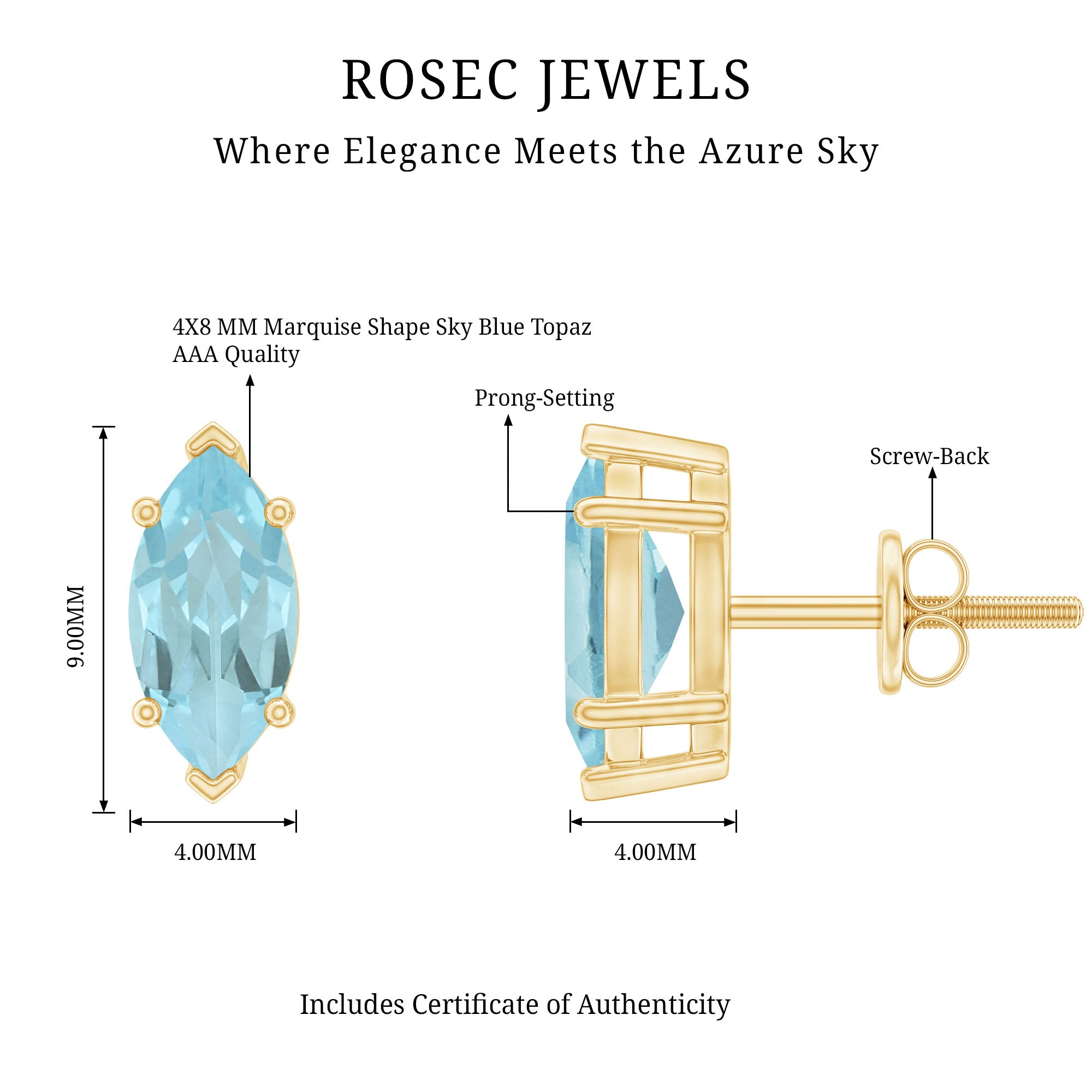Natural 1.48 Carat Marquise Cut Sky Blue Topaz Stud Earrings with Certificate AAA 14K Yellow Gold Plated Silver - Rosec Jewels