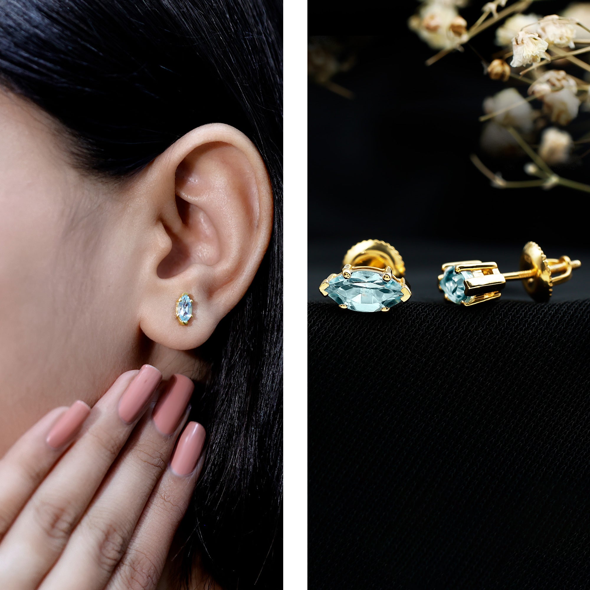 Natural 1.48 Carat Marquise Cut Sky Blue Topaz Stud Earrings with Certificate AAA 14K Yellow Gold Plated Silver - Rosec Jewels