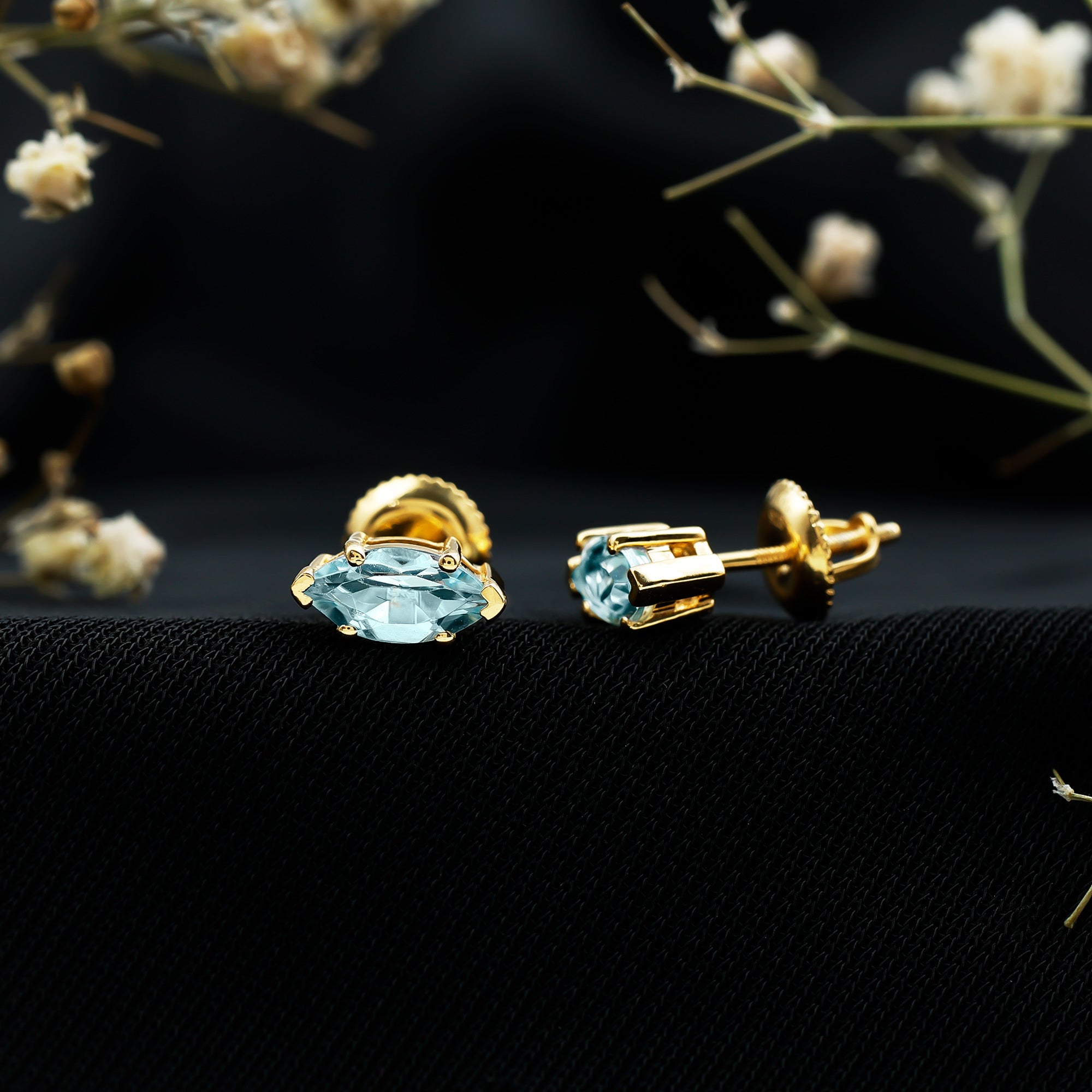 Natural 1.48 Carat Marquise Cut Sky Blue Topaz Stud Earrings with Certificate AAA 14K Yellow Gold Plated Silver - Rosec Jewels