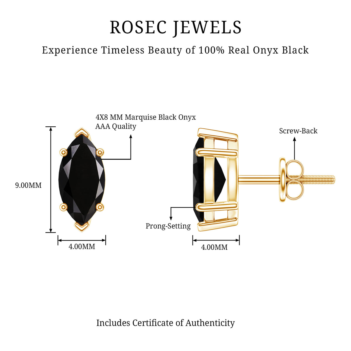 Genuine Black Onyx Marquise Stud Earrings with Certificate AAA - Rosec Jewels