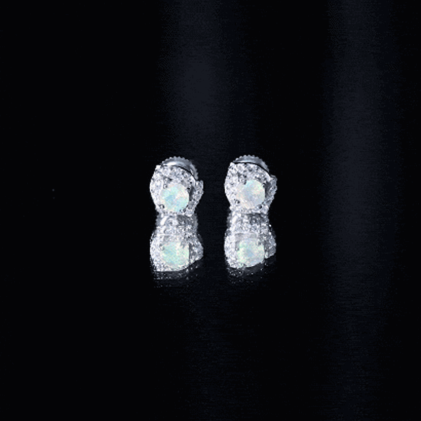 Vintage inspired Ethiopian Opal Stud Earrings with Diamond Accent AAA - Rosec Jewels