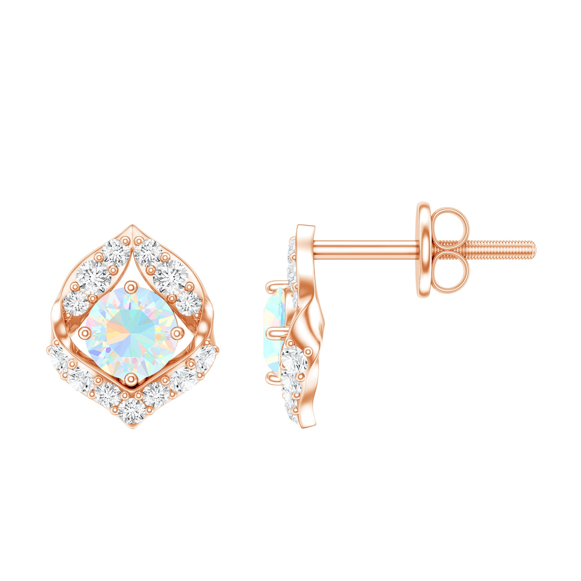 Vintage inspired Ethiopian Opal Stud Earrings with Diamond Accent AAA - Rosec Jewels