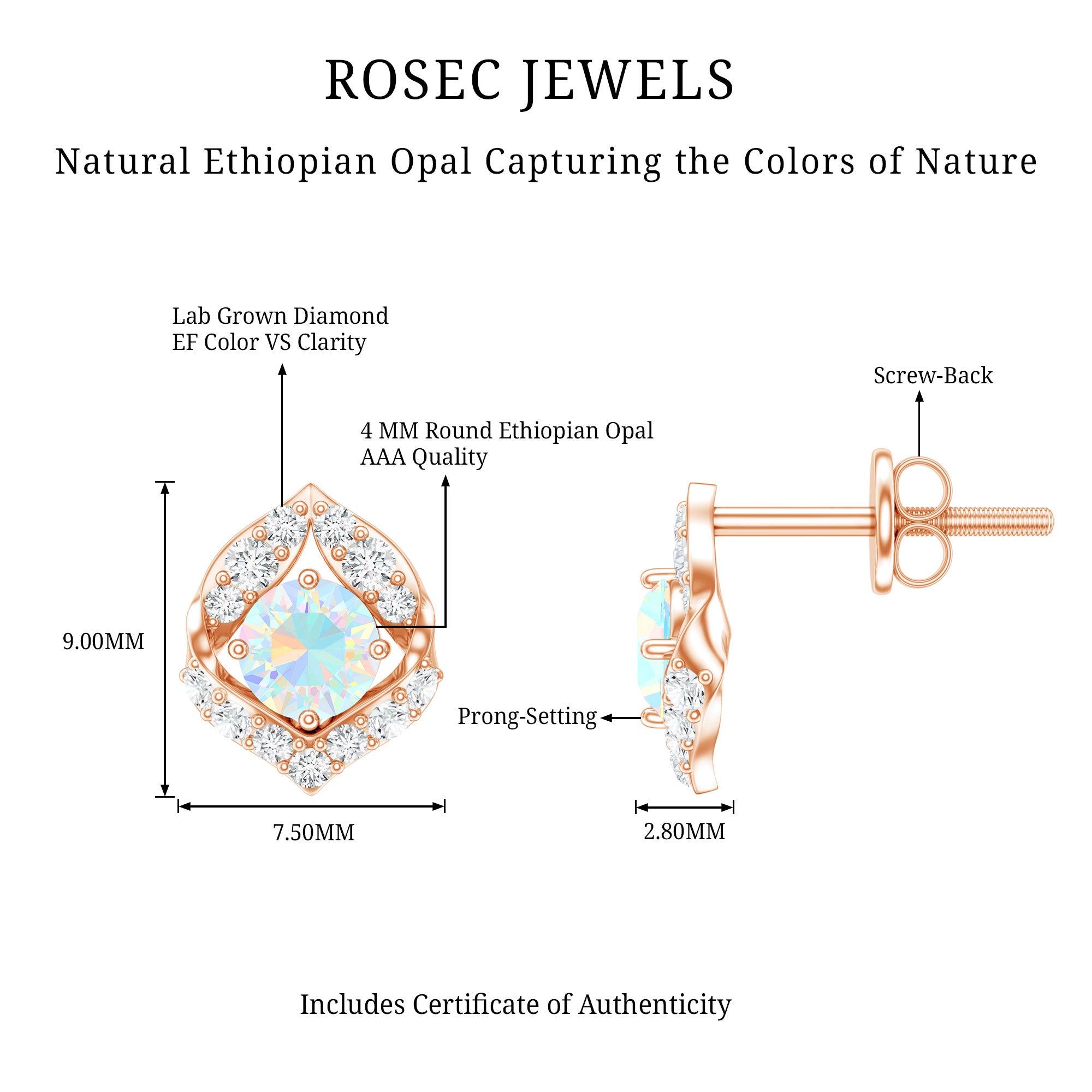 Vintage inspired Ethiopian Opal Stud Earrings with Diamond Accent AAA - Rosec Jewels