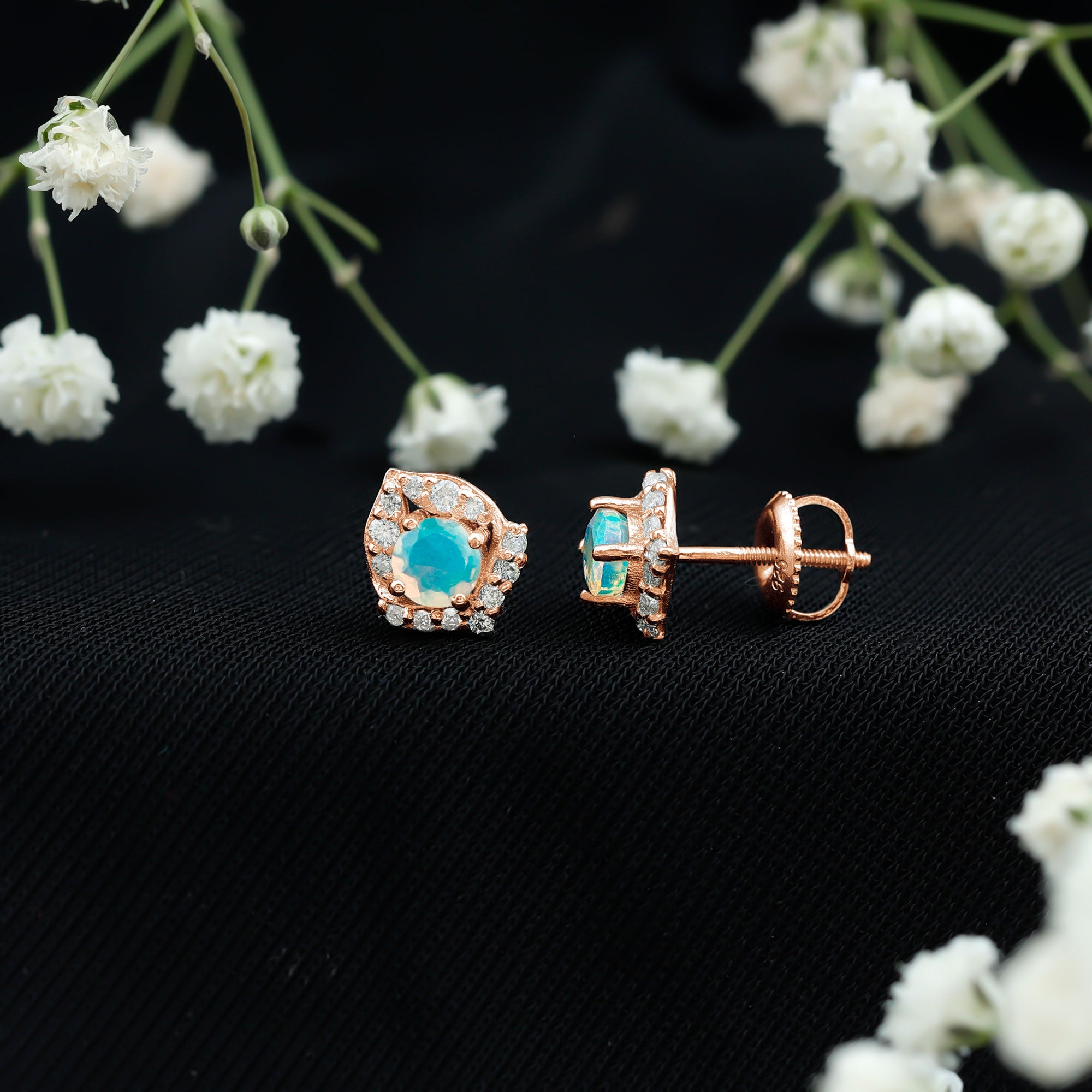 Vintage inspired Ethiopian Opal Stud Earrings with Diamond Accent AAA - Rosec Jewels