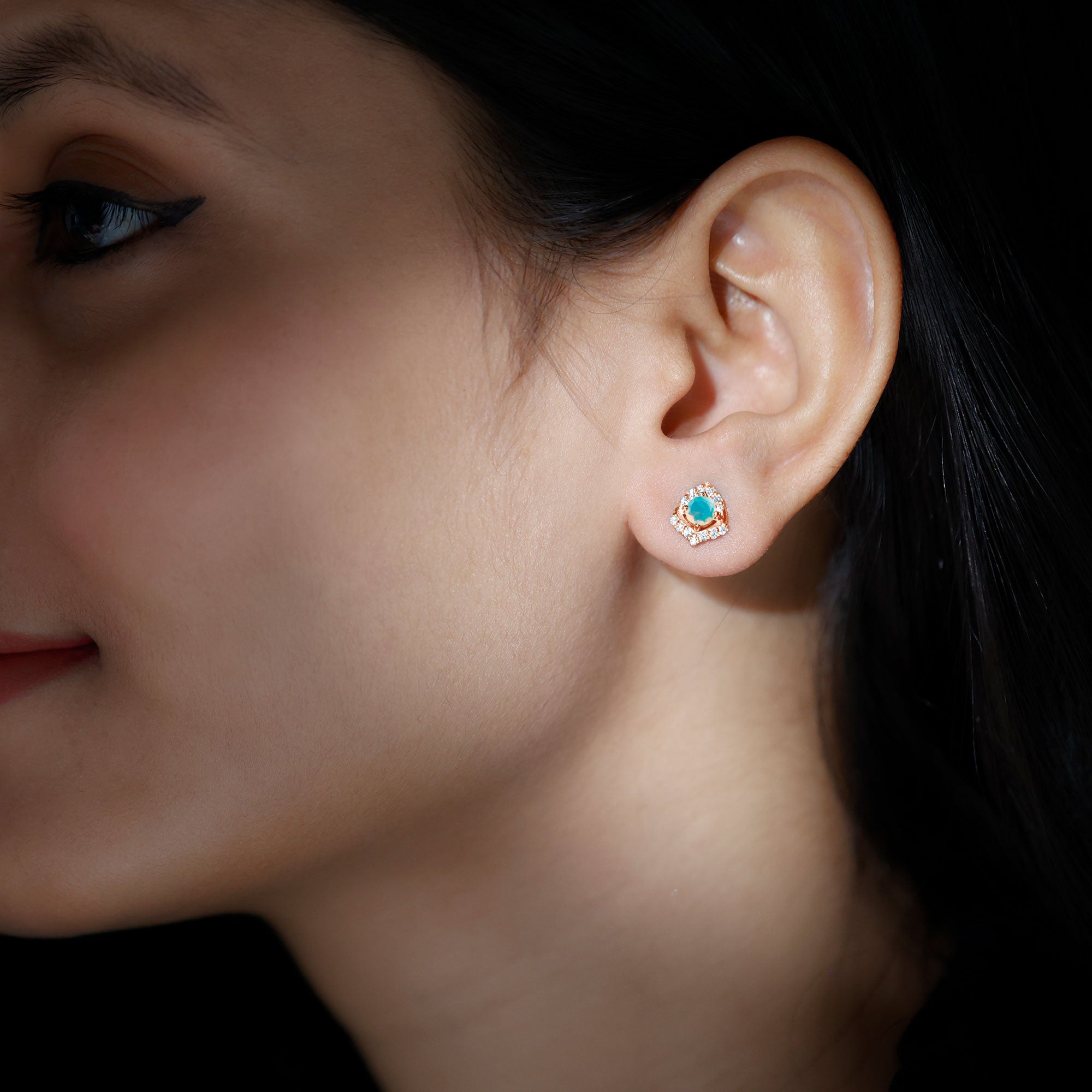 Vintage inspired Ethiopian Opal Stud Earrings with Diamond Accent AAA - Rosec Jewels