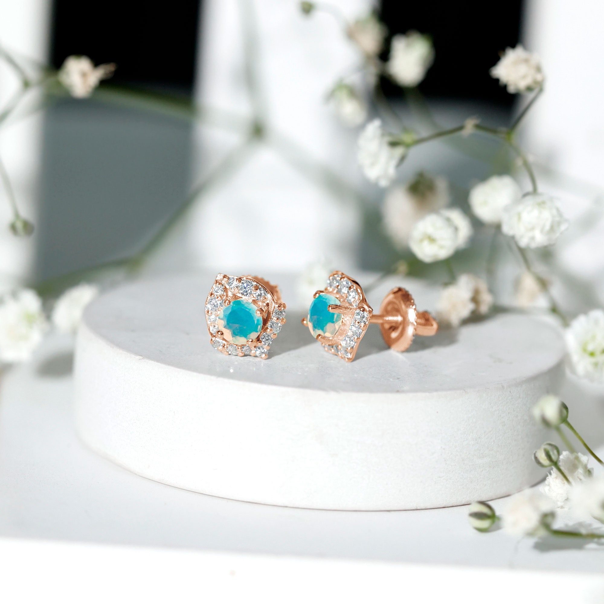 Vintage inspired Ethiopian Opal Stud Earrings with Diamond Accent AAA - Rosec Jewels