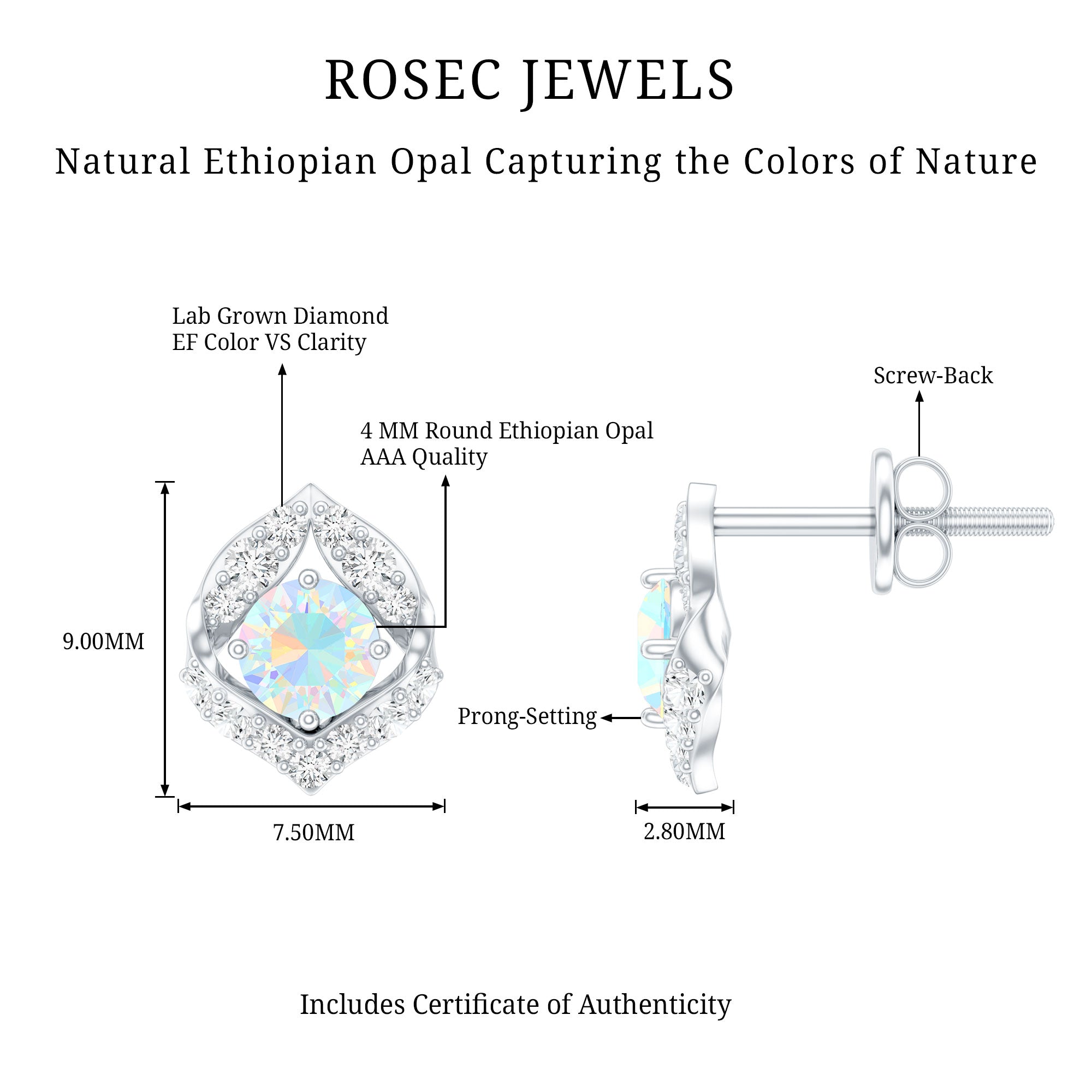 Vintage inspired Ethiopian Opal Stud Earrings with Diamond Accent AAA - Rosec Jewels