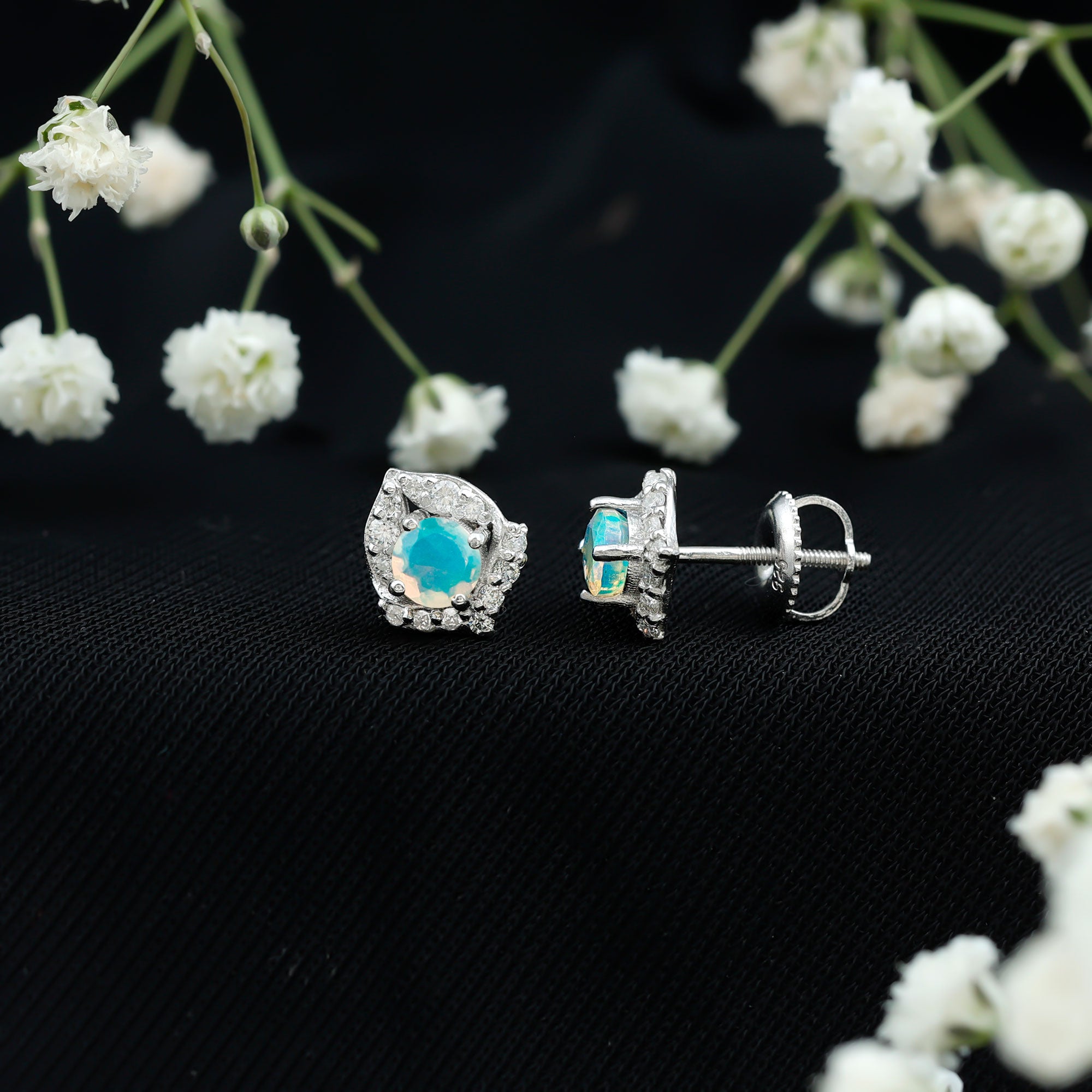 Vintage inspired Ethiopian Opal Stud Earrings with Diamond Accent AAA - Rosec Jewels