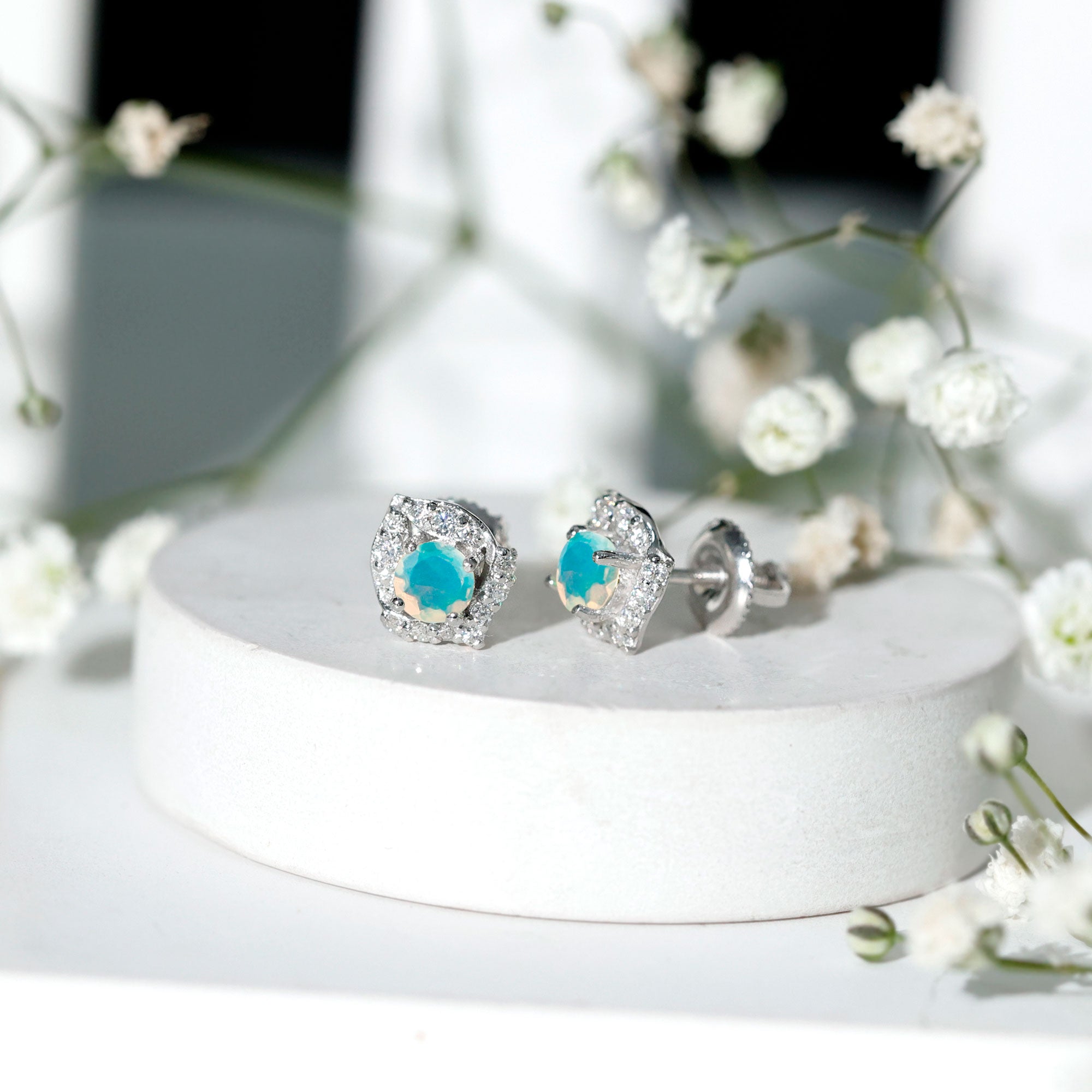 Vintage inspired Ethiopian Opal Stud Earrings with Diamond Accent AAA - Rosec Jewels