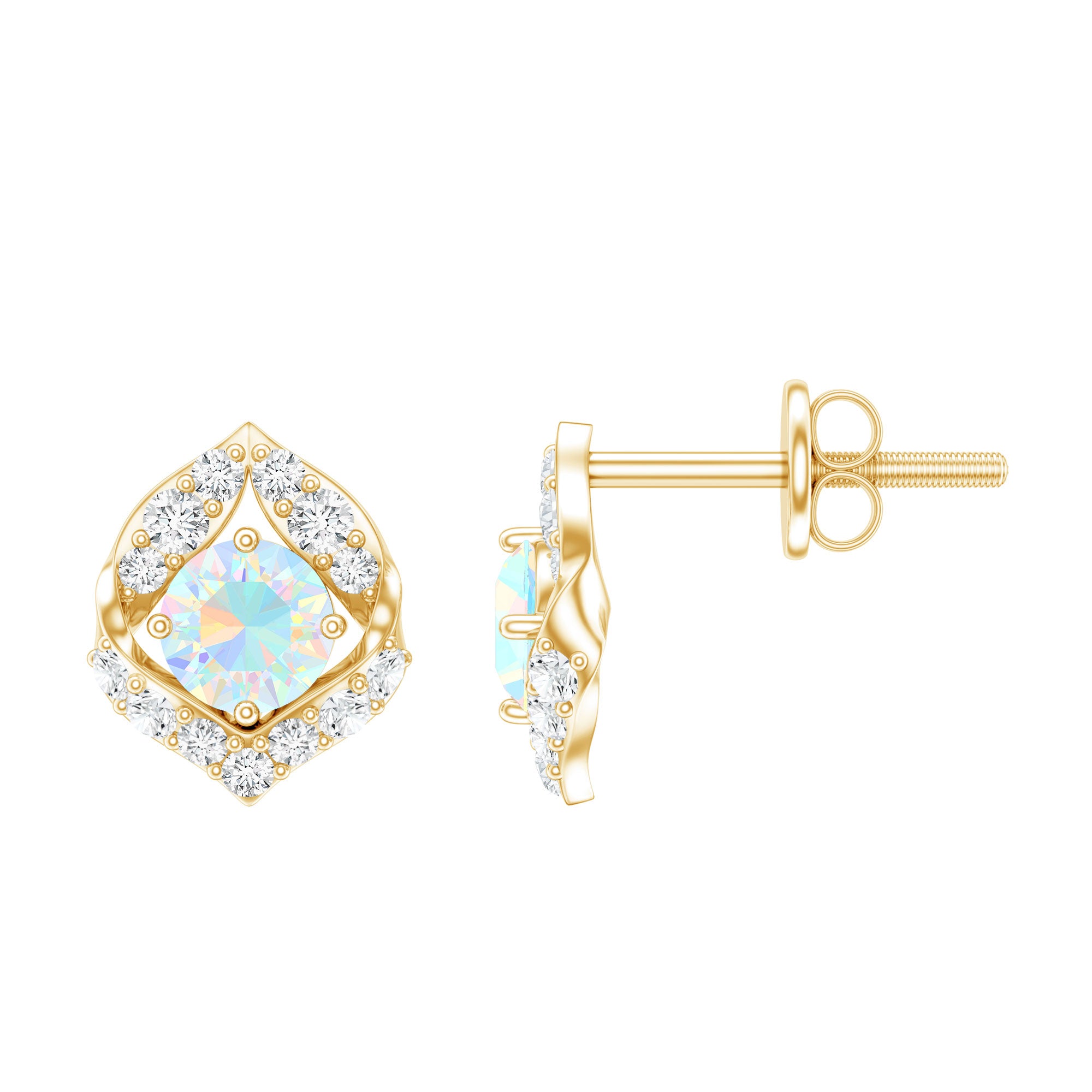 Vintage inspired Ethiopian Opal Stud Earrings with Diamond Accent AAA - Rosec Jewels